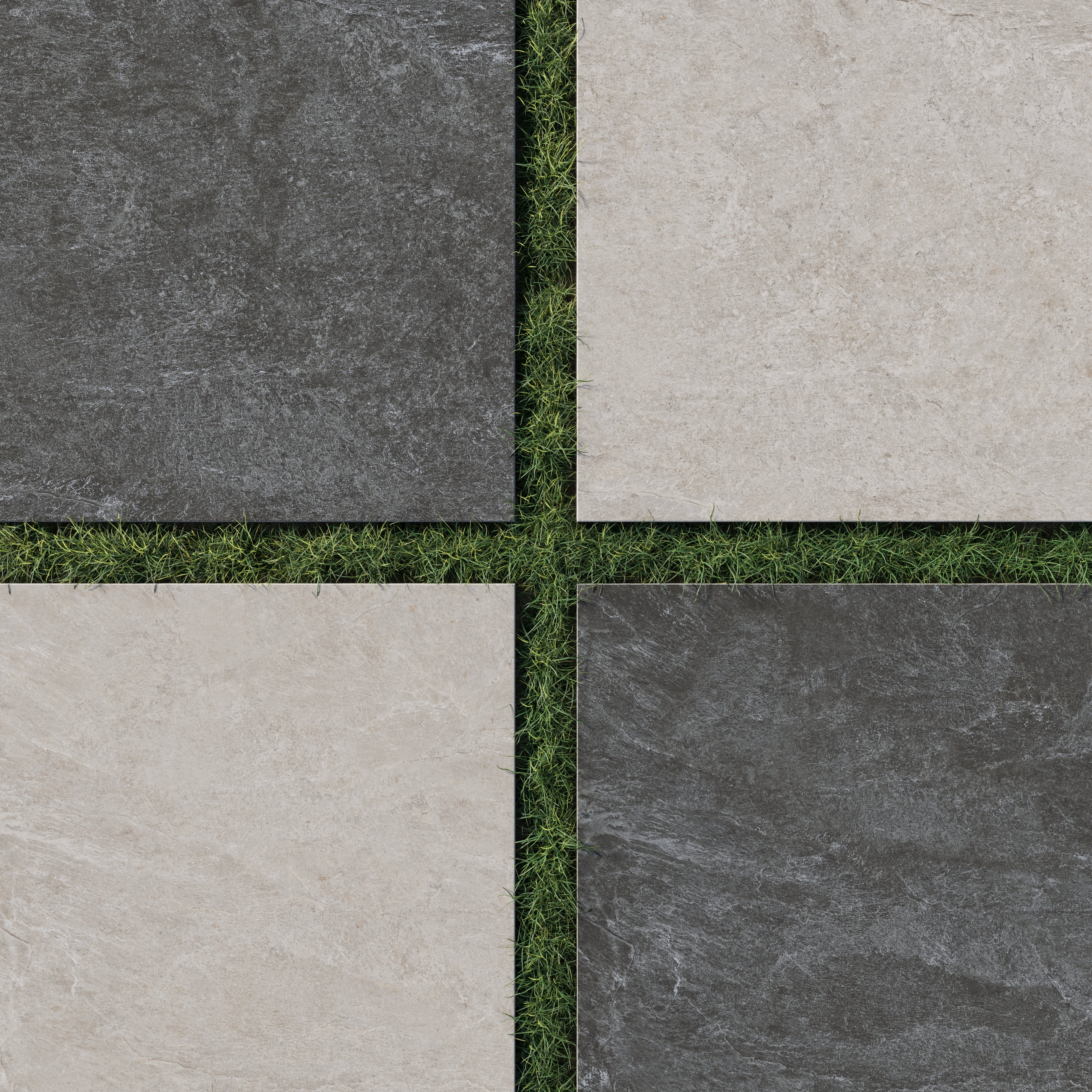 Modern outdoor layout with 24x24 checkerboard grip porcelain paver tile in 2cm thick dark gray and beige tones set over green grass strips
