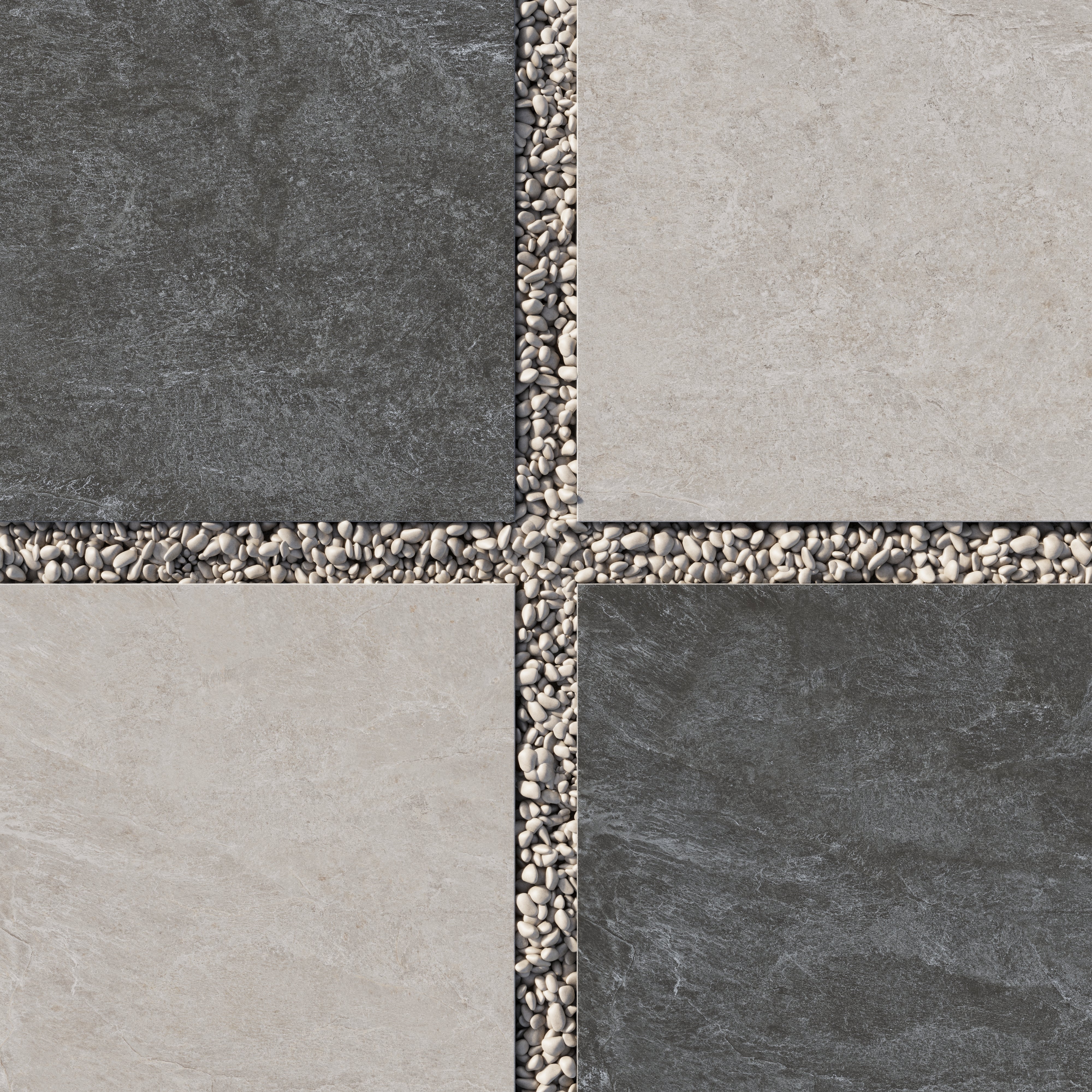 Contemporary outdoor setup with 24x24 checkerboard grip porcelain paver tile in 2cm thick dark gray and beige tones, spaced with decorative gravel