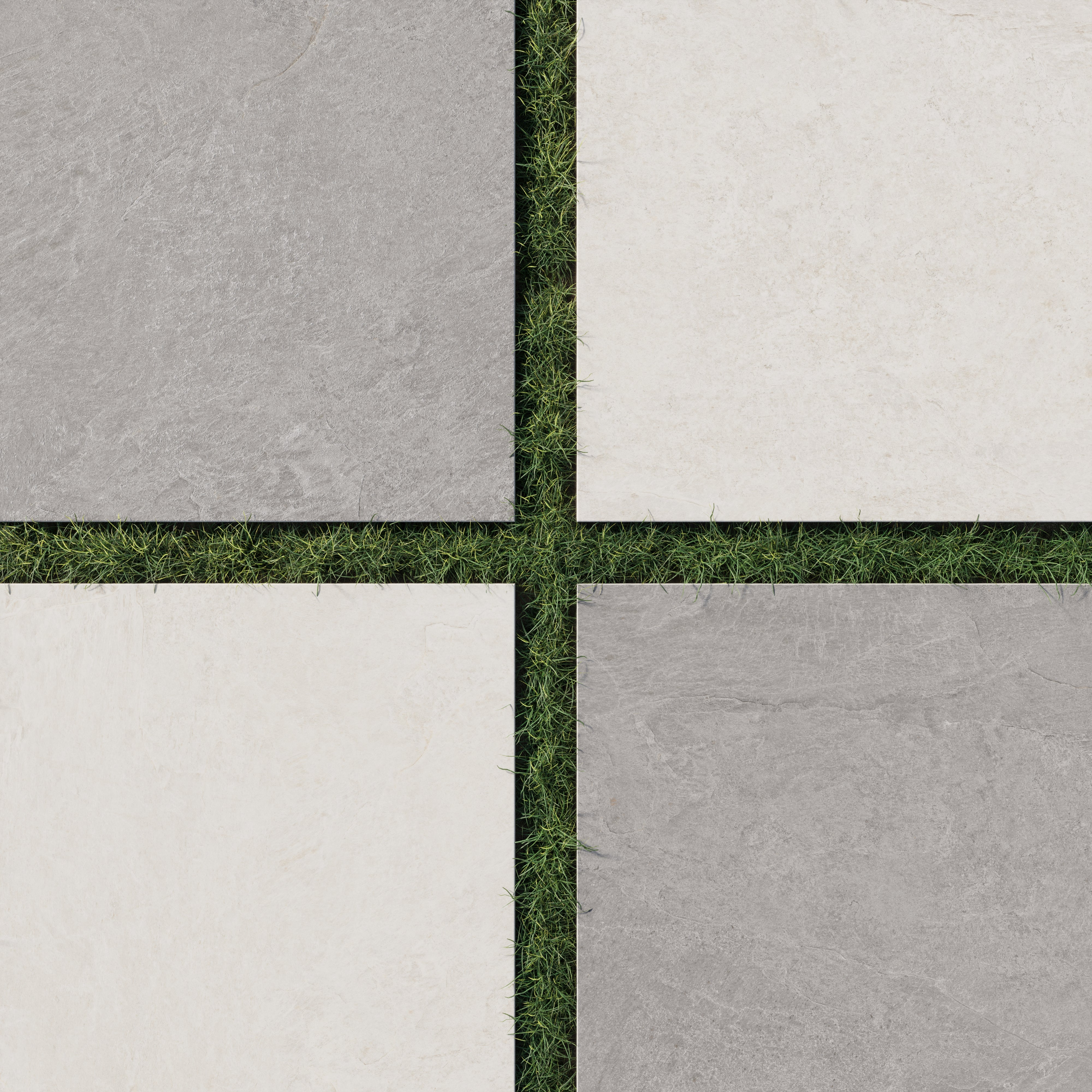 24x24 checkerboard grip porcelain paver tile in light gray and off-white with 2cm thick, set over green grass for outdoor patio design