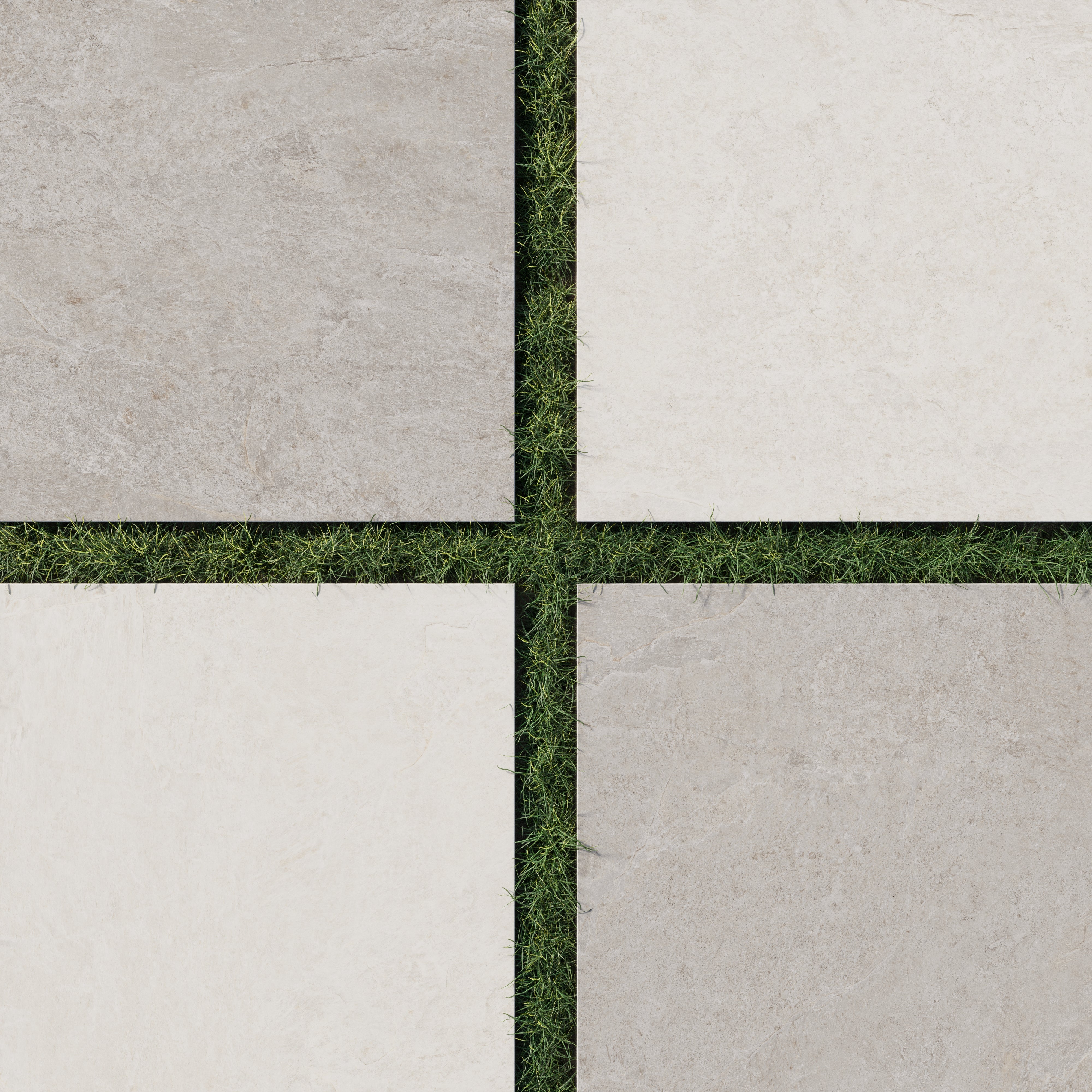 Checkerboard outdoor patio featuring 24x24 stone-look porcelain pavers in beige and gray with 2cm thickness and slip-resistant grip finish