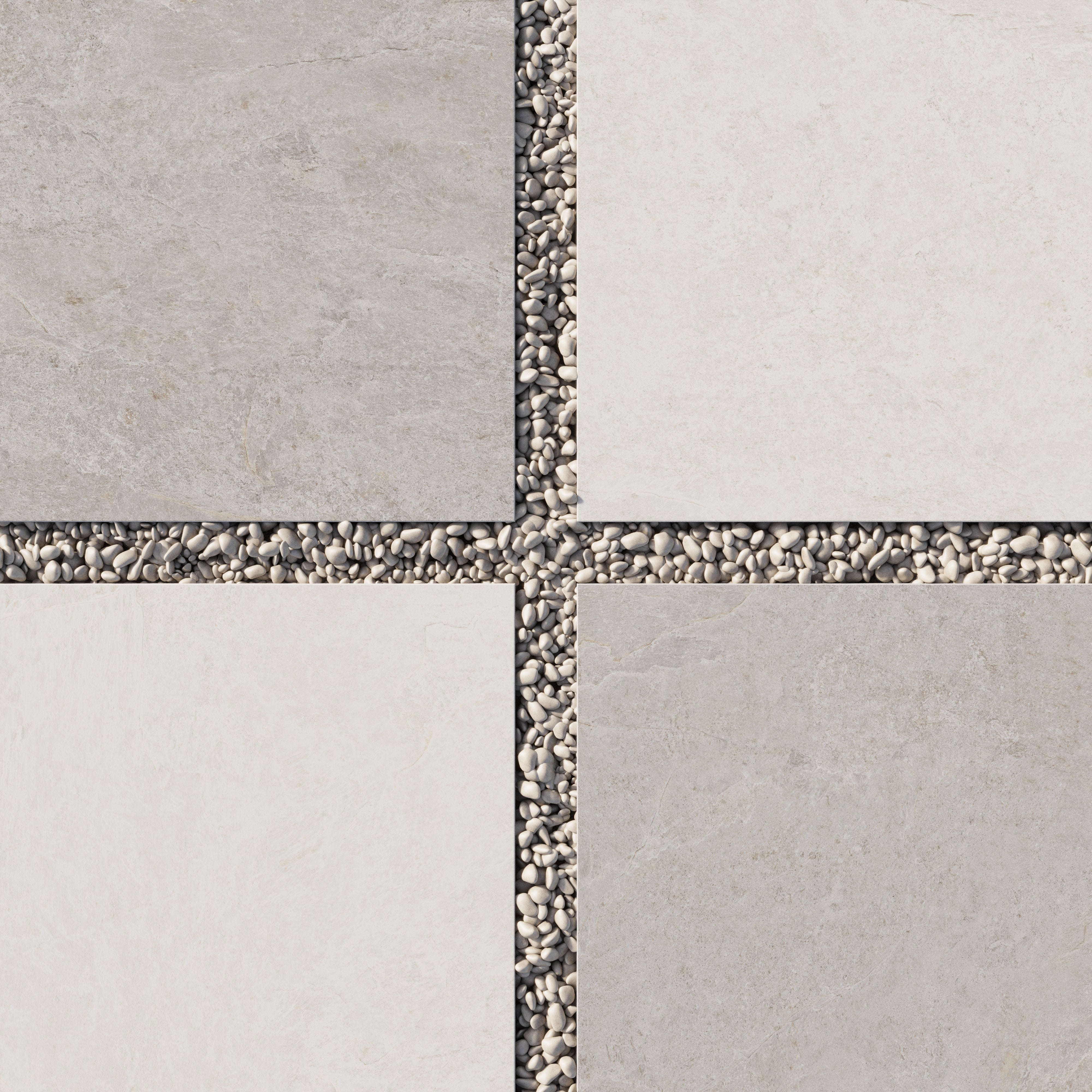 Checkerboard layout with 24x24 porcelain paver tiles in beige and gray tones, 2cm thick with grip finish, set over decorative gravel base