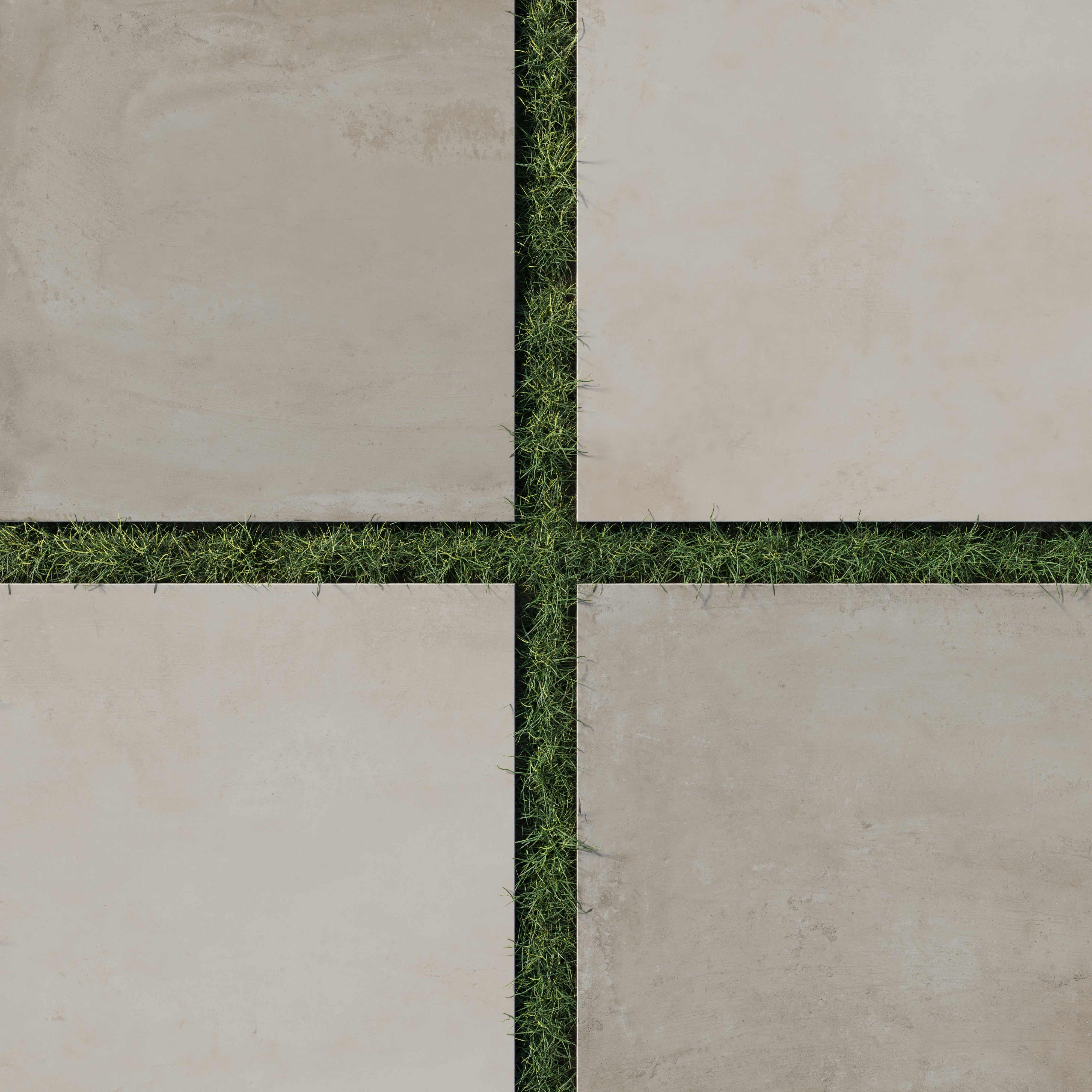 Checkerboard pattern of matte 24x24 concrete tiles in putty and chalk colors with green grass visible between the square gaps.