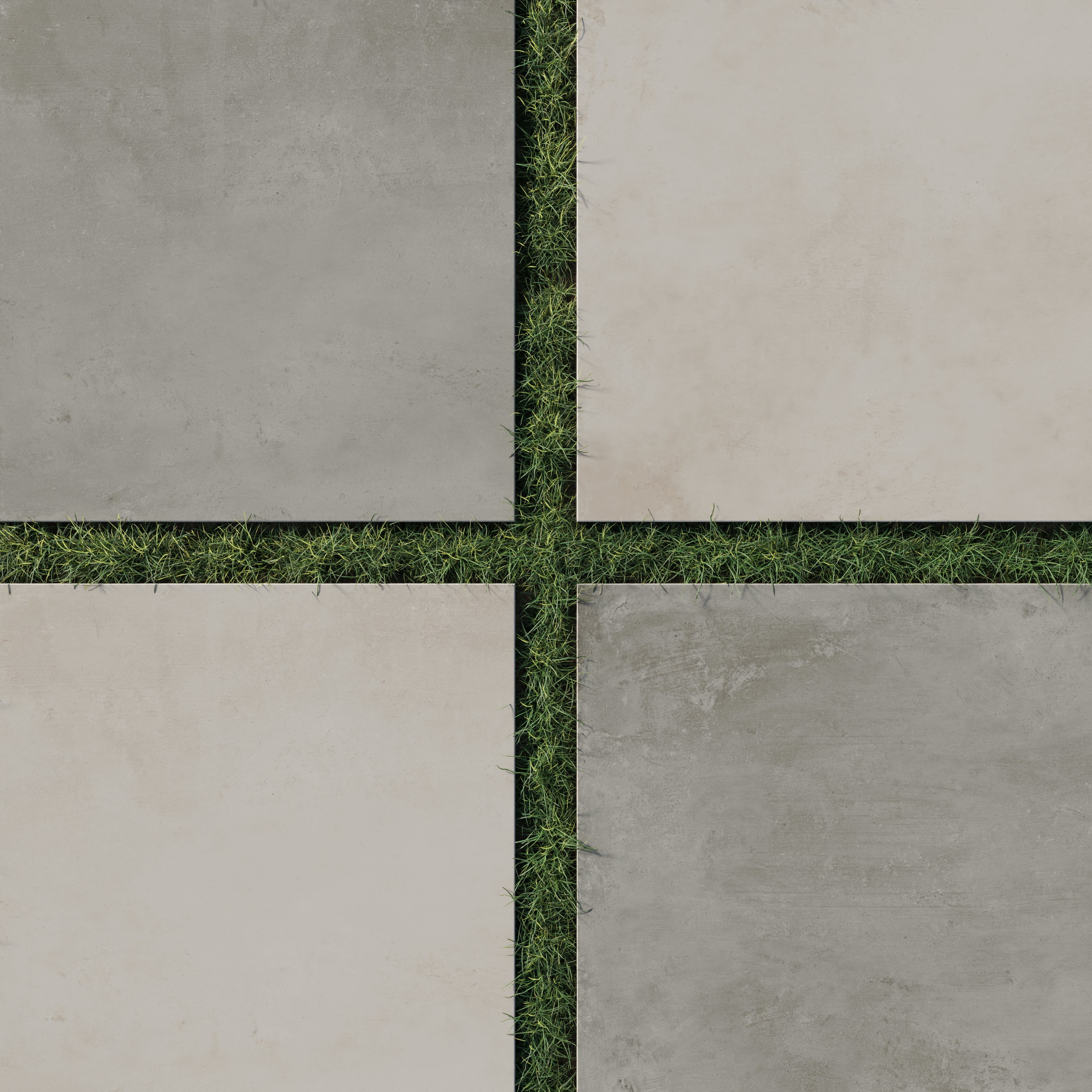 Checkerboard layout of matte 24x24 concrete tiles in ash and chalk tones with green grass growing between the gaps.