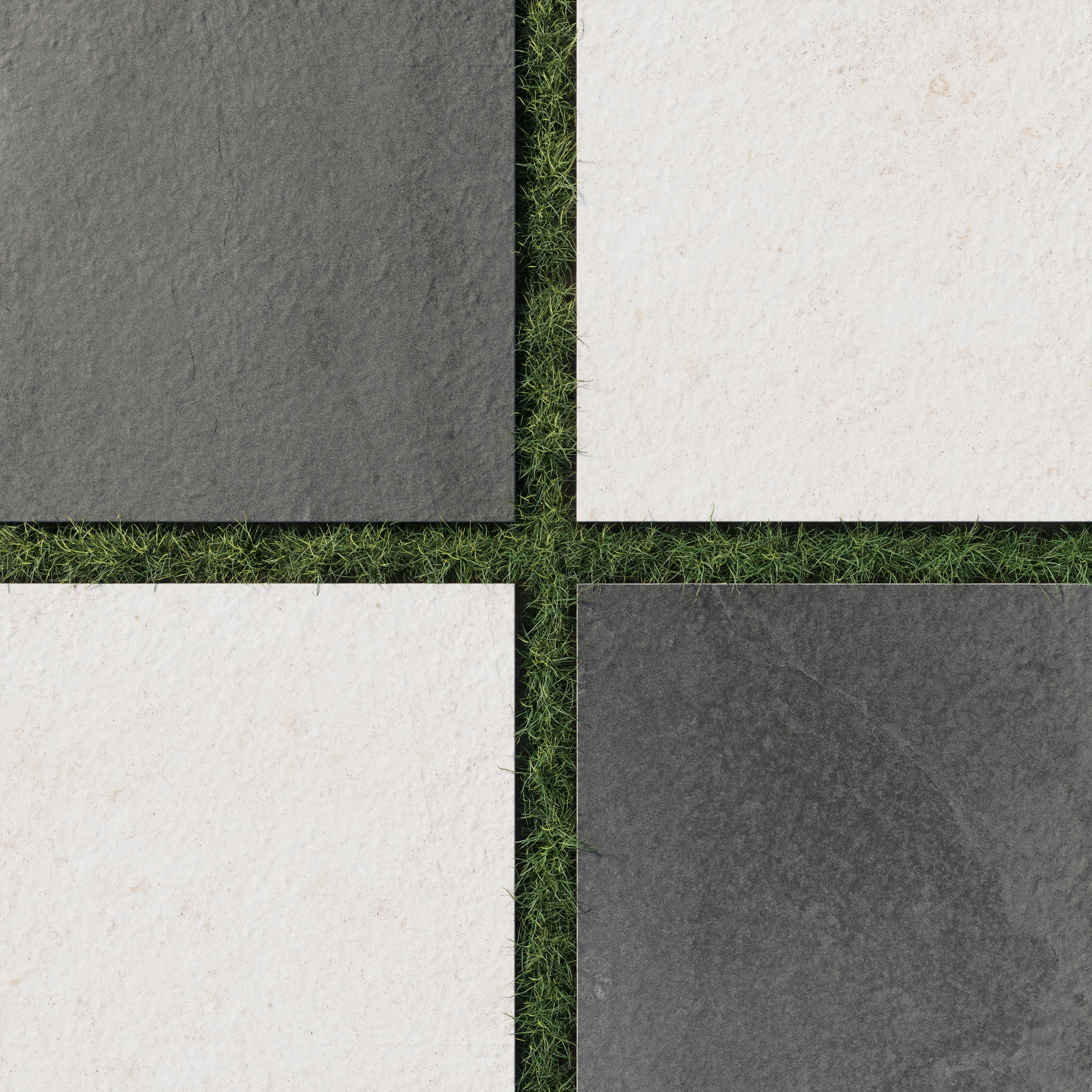 Checkerboard layout of porcelain pavers featuring deep charcoal gray and warm canvas tones, paired over trimmed grass for a clean, outdoor-ready contrast.