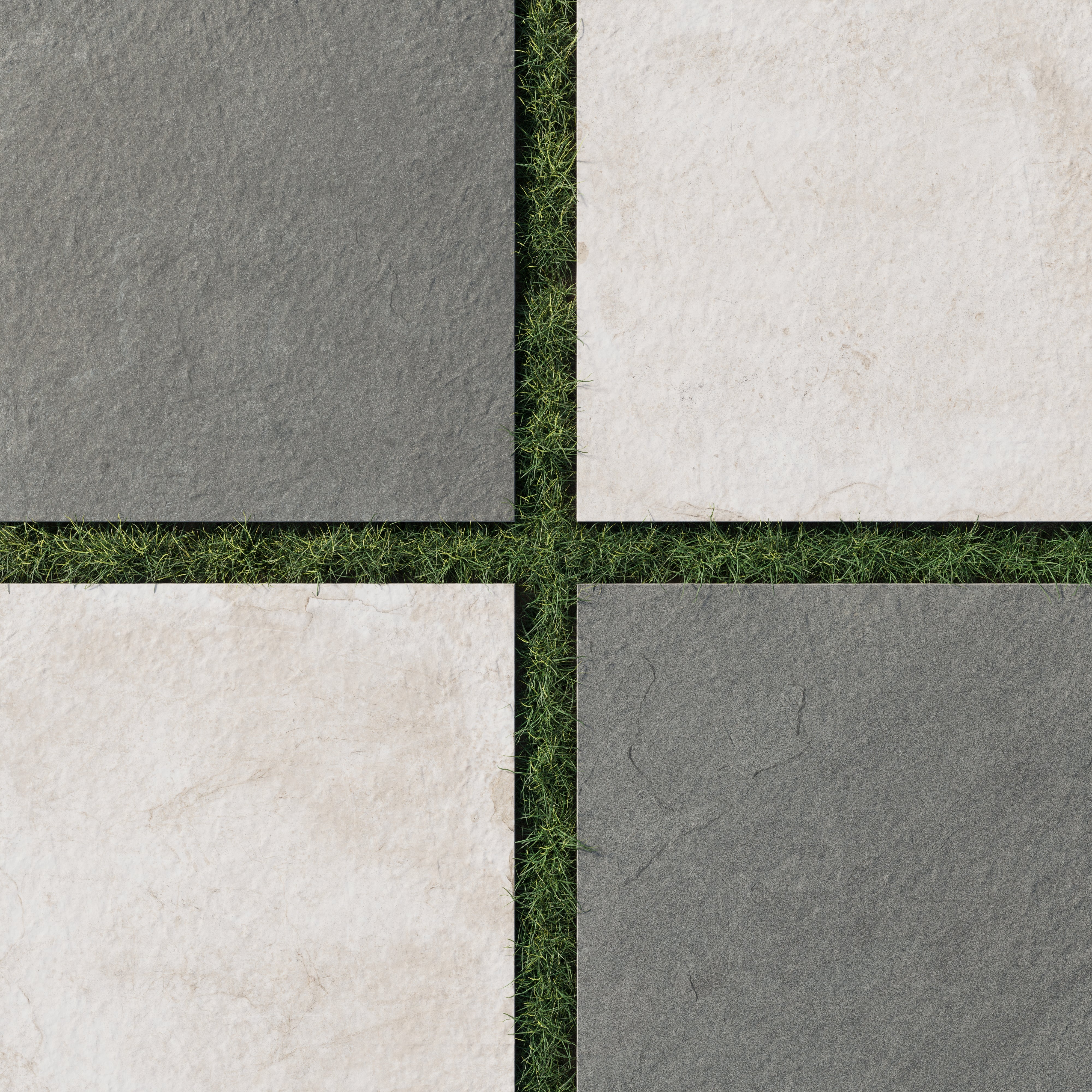 Checkerboard layout of 2cm porcelain pavers featuring deep gray multicolor tiles and creamy oat tones, creating a natural contrast over trimmed turf.