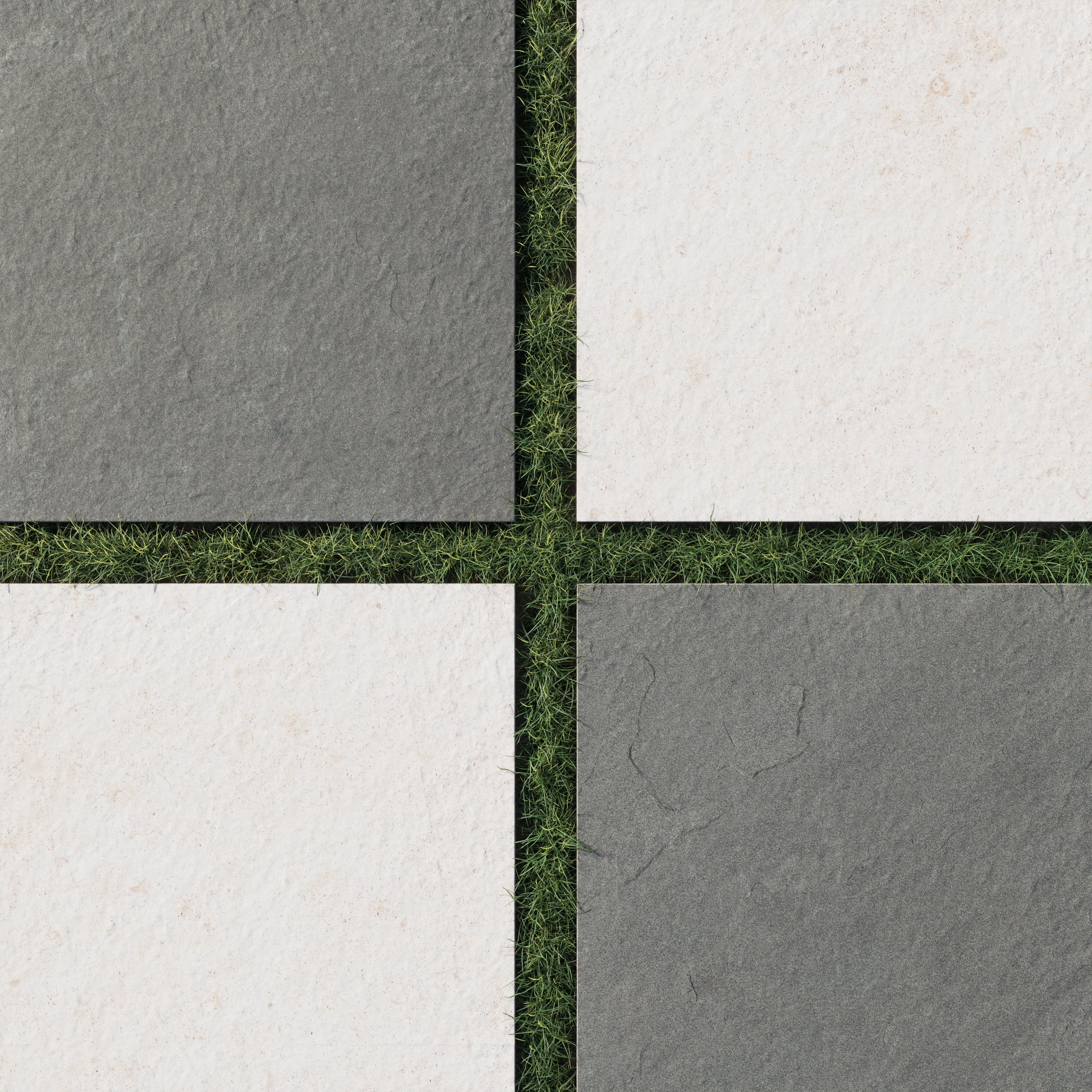 Checkerboard paver set featuring earthy multicolor gray and soft canvas tones, with natural finishes that contrast against neatly trimmed grass seams.