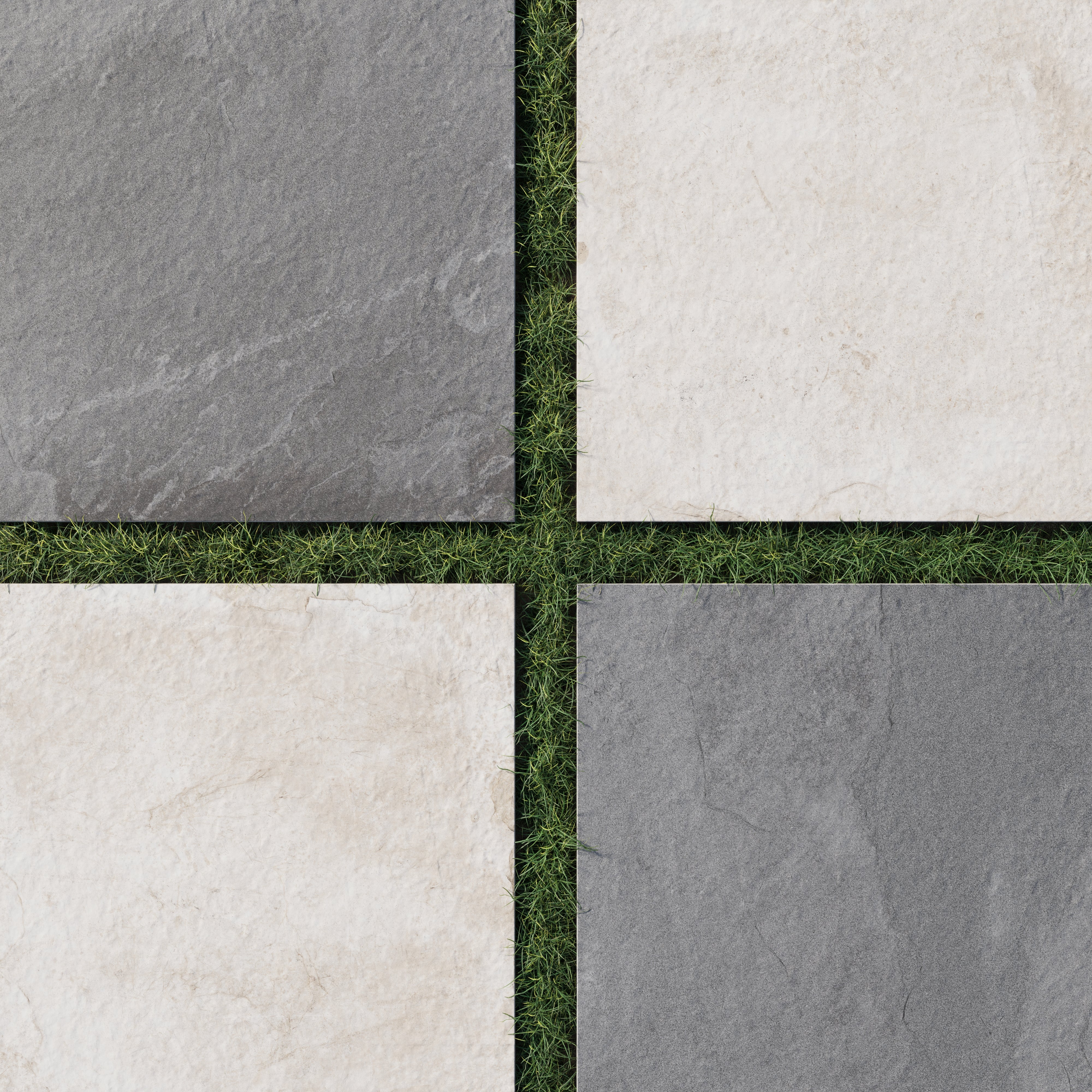 Checkerboard pattern of Bowden grip pavers featuring graphite and oat tones, with varied matte textures set against green grass for a grounded outdoor look.