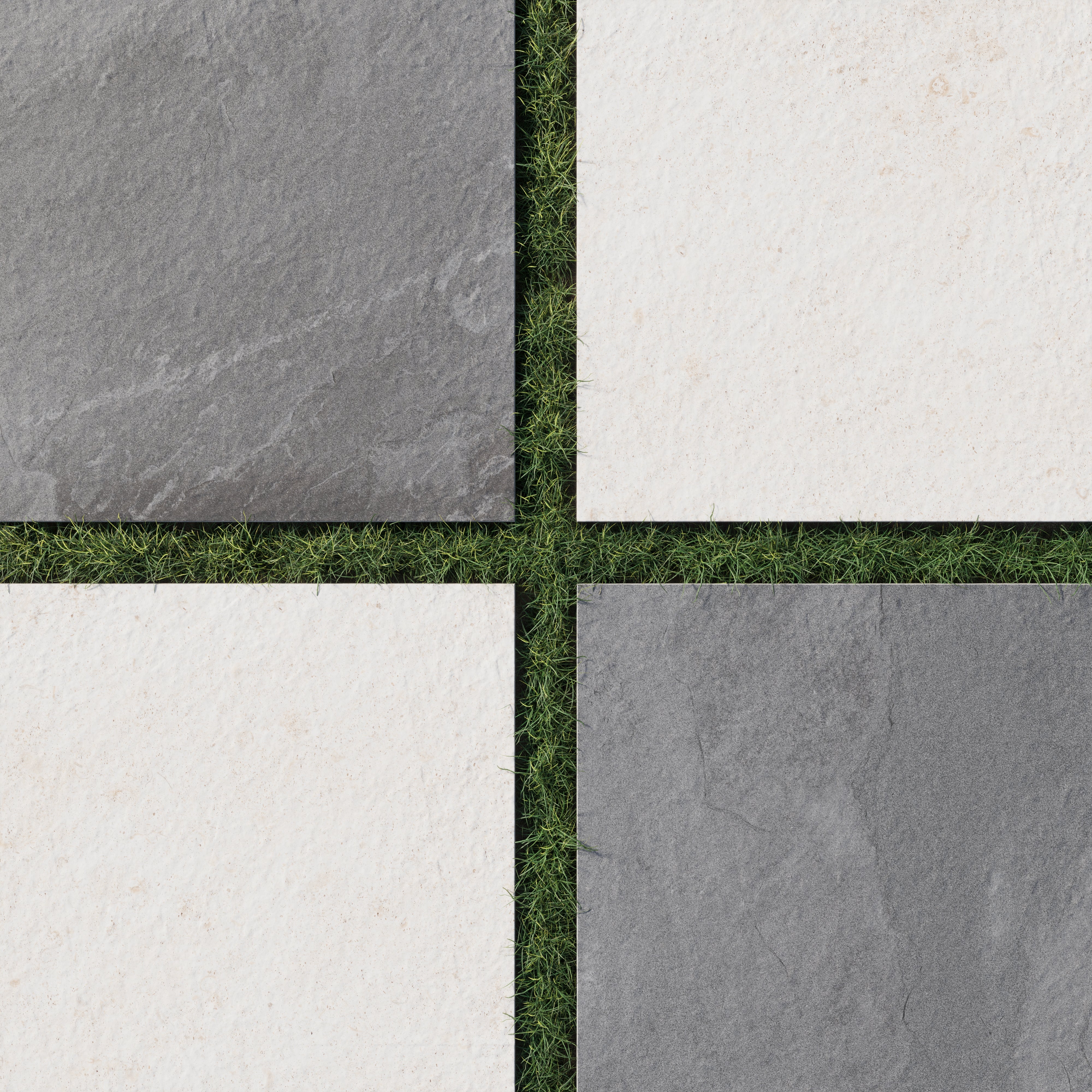 Bowden 24x24 porcelain pavers in deep graphite gray and soft canvas beige, arranged in a checkerboard layout with natural texture and grassy spacing.