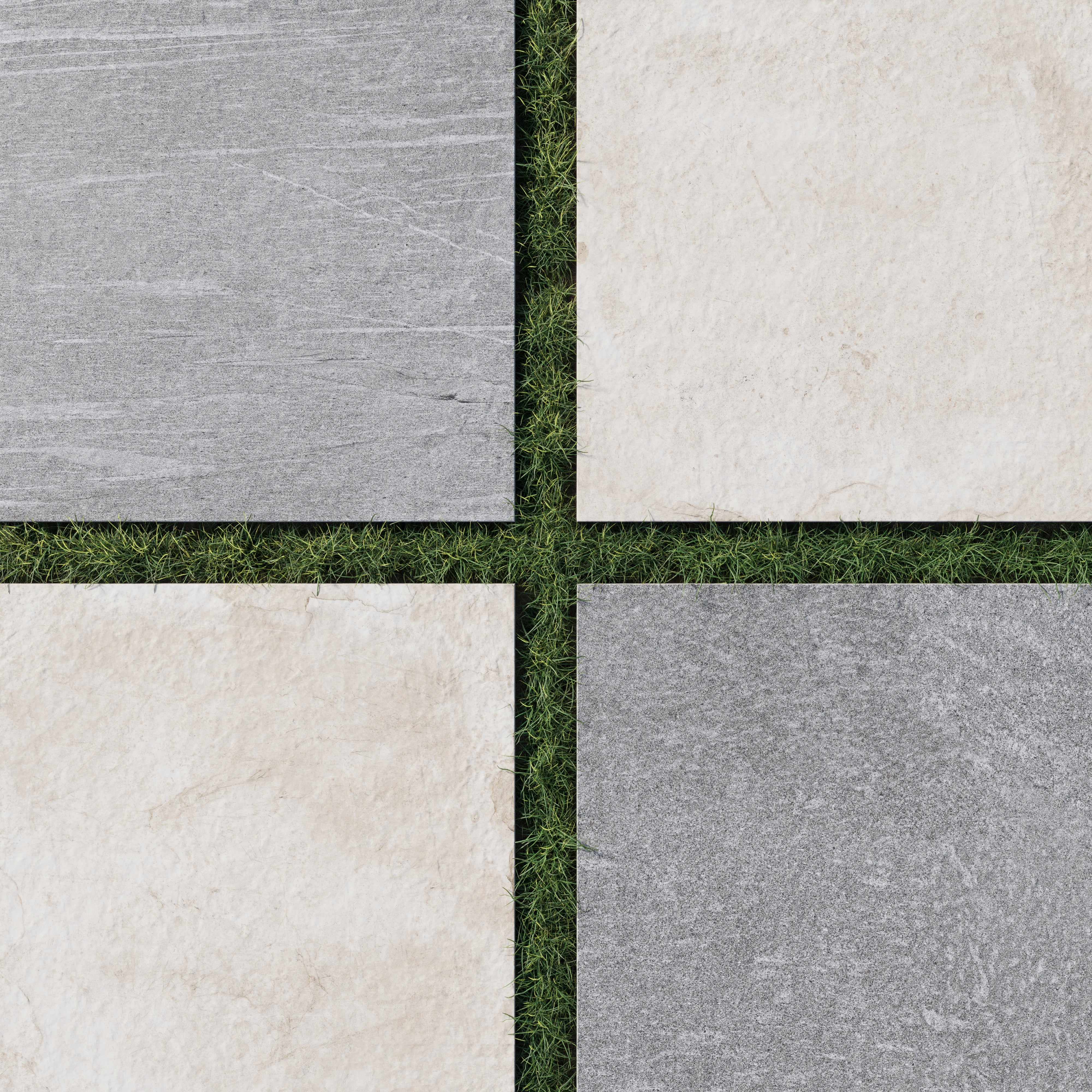 Bowden 24x24 porcelain pavers in slate gray and soft oat beige, shown in a checkerboard layout on green grass with textured matte surfaces and a natural stone look.