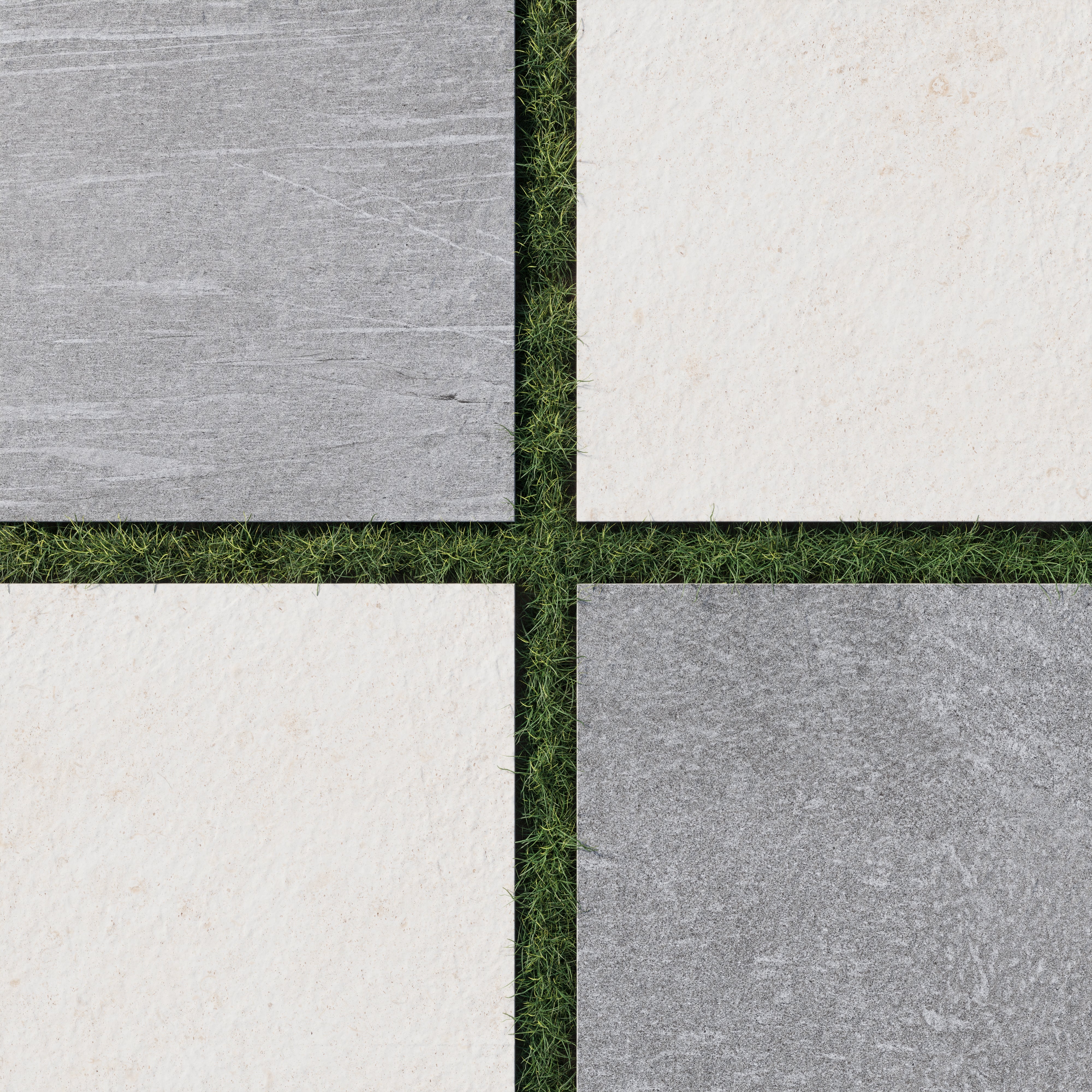 Bowden 24x24 porcelain pavers in slate gray and canvas white, arranged in a checkerboard pattern on grass, showing a textured matte surface with a natural stone feel.