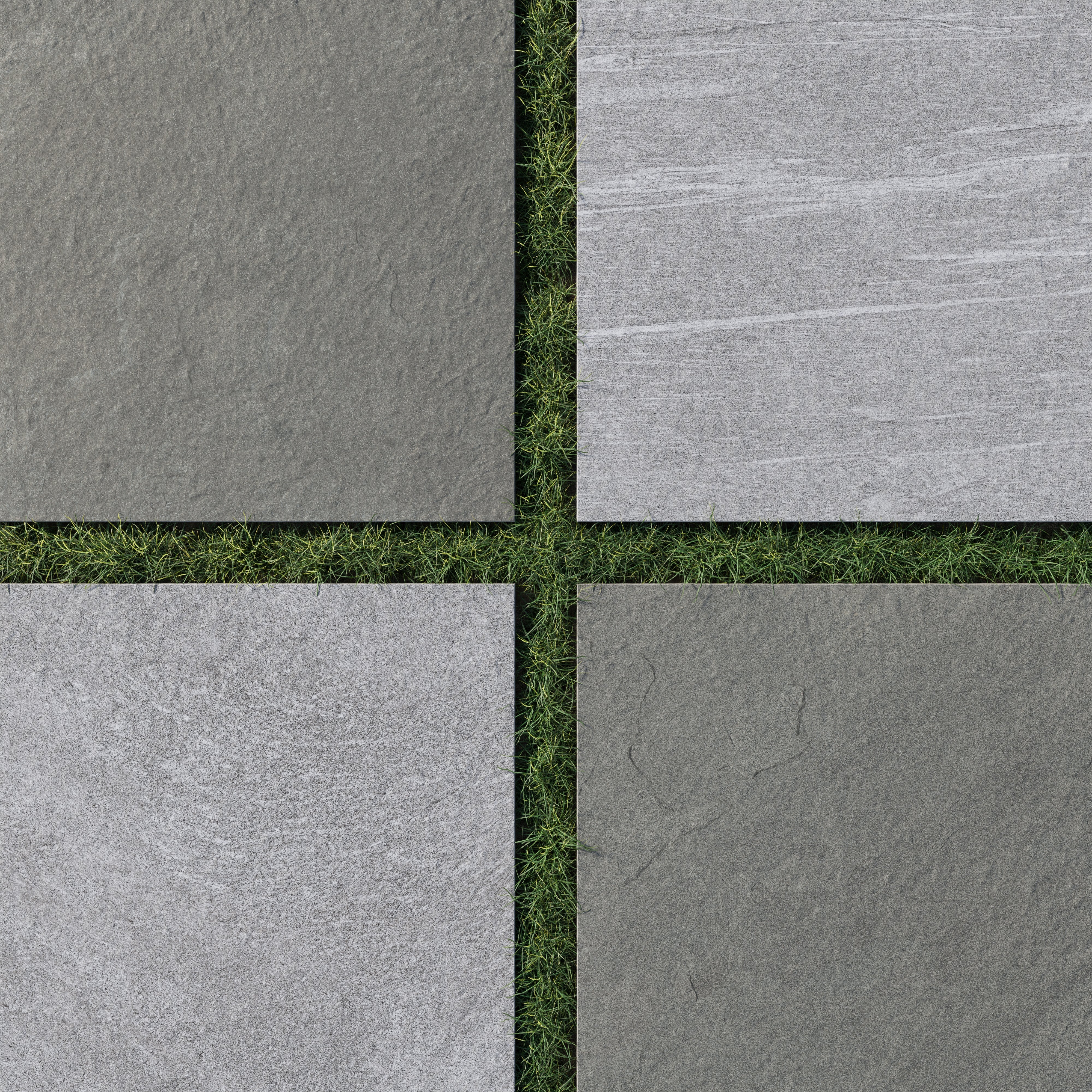 Bowden 24x24 porcelain paver tiles in multicolor and slate finishes shown in a checkerboard layout, featuring varied gray tones and natural stone-like textures over green grass.