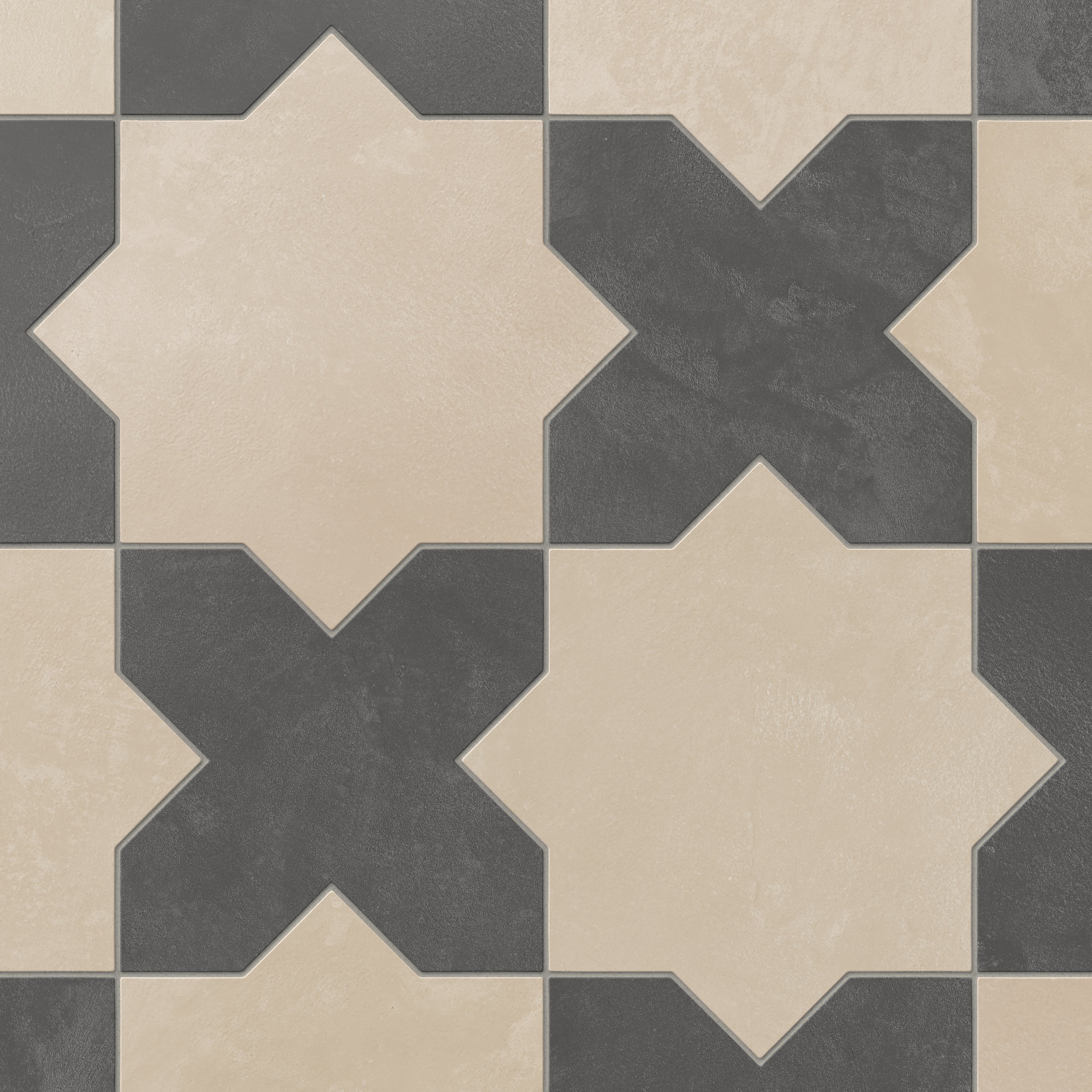 Isabel 11x11 Matte Porcelain Tile Star in Bone and Cross in Charcoal