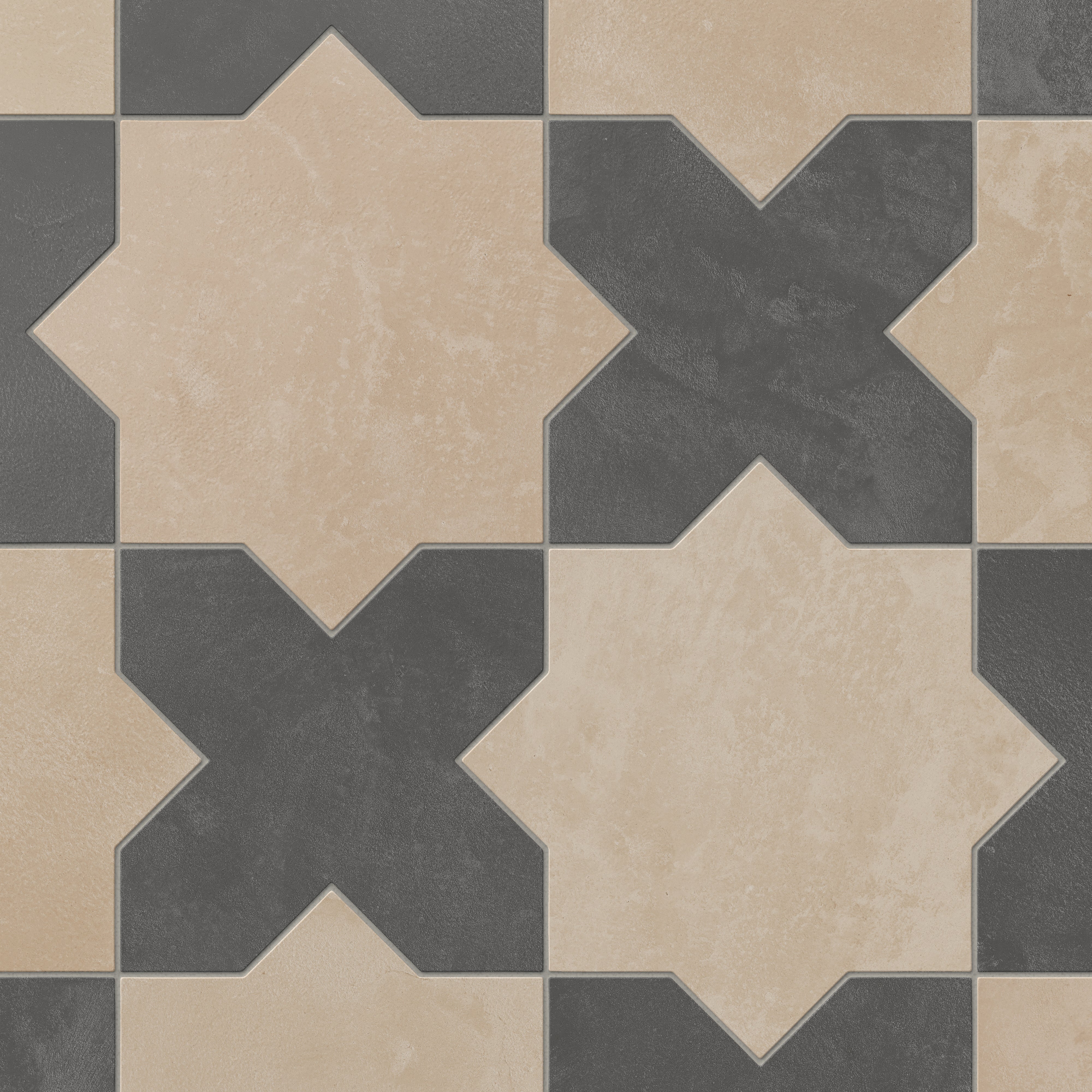 Isabel 11x11 Matte Porcelain Tile Star in Sand and Cross in Charcoal