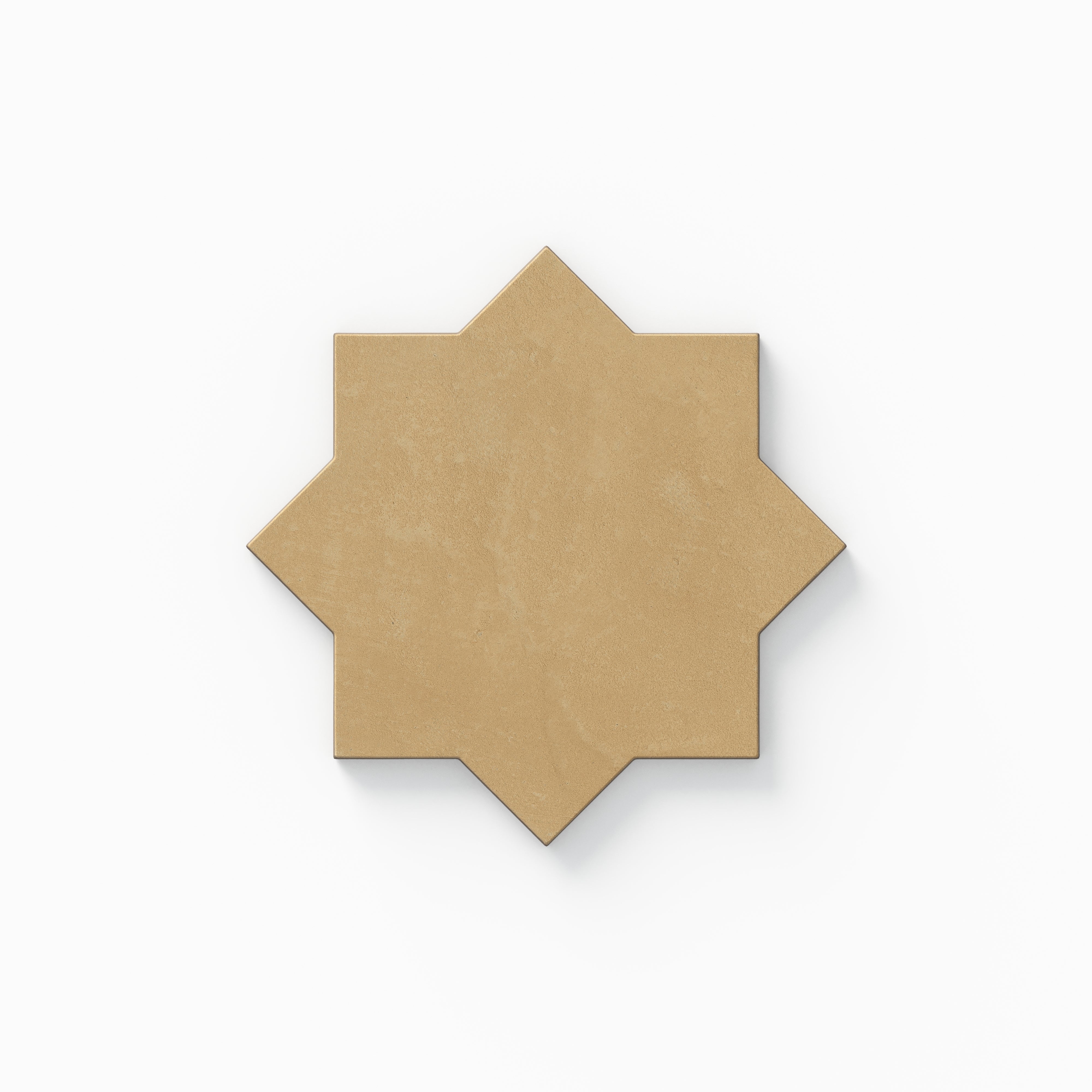 This eight-point star tile from our Isabel 11x11 Matte Porcelain collection highlights yellow-orange coloring, gentle plaster-like texture, and a powdery surface with an organically aged feel.