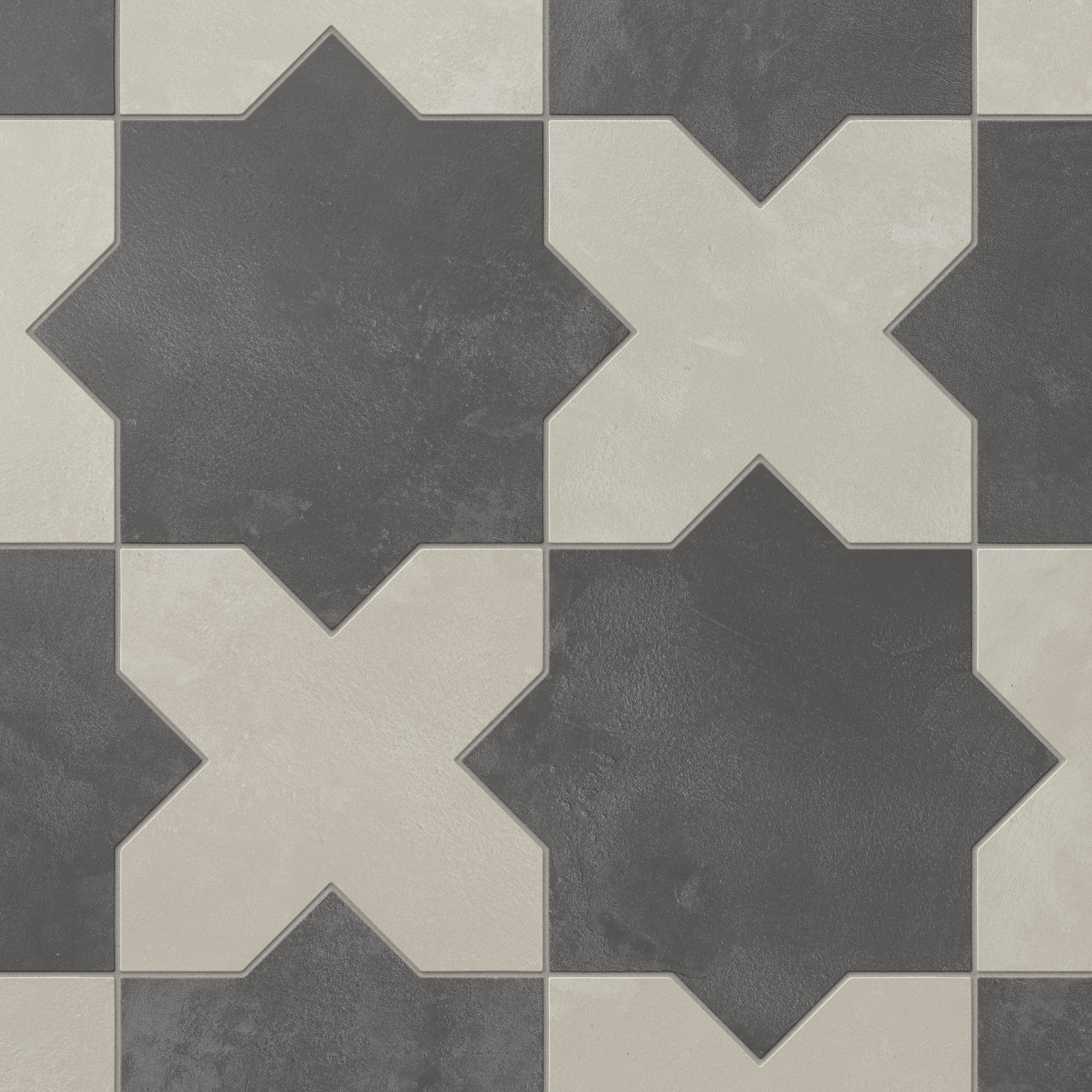 Isabel 11x11 Matte Porcelain Tile Star in Charcoal and Cross in Dove