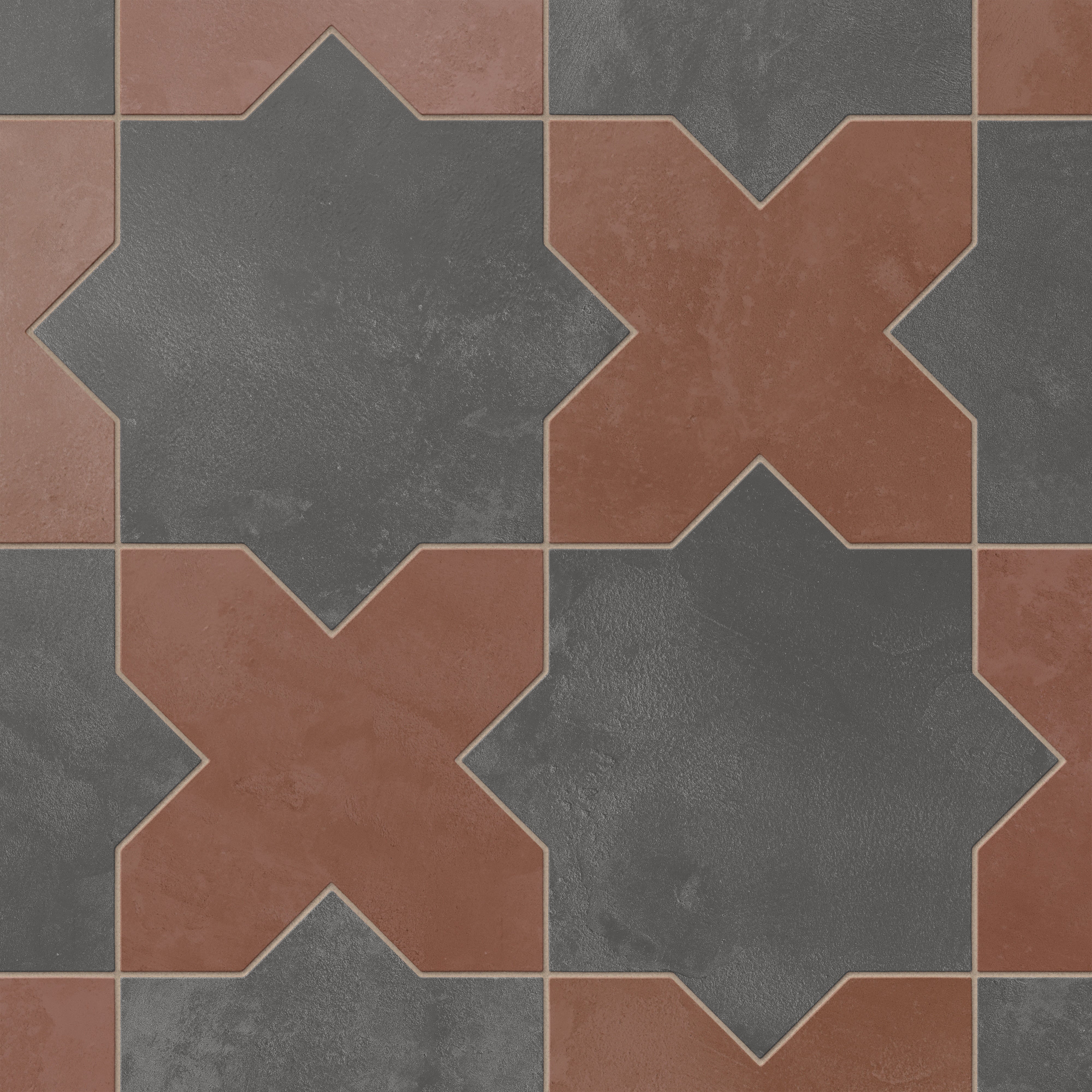 Isabel 11x11 Matte Porcelain Tile Star in Charcoal and Cross in Rust