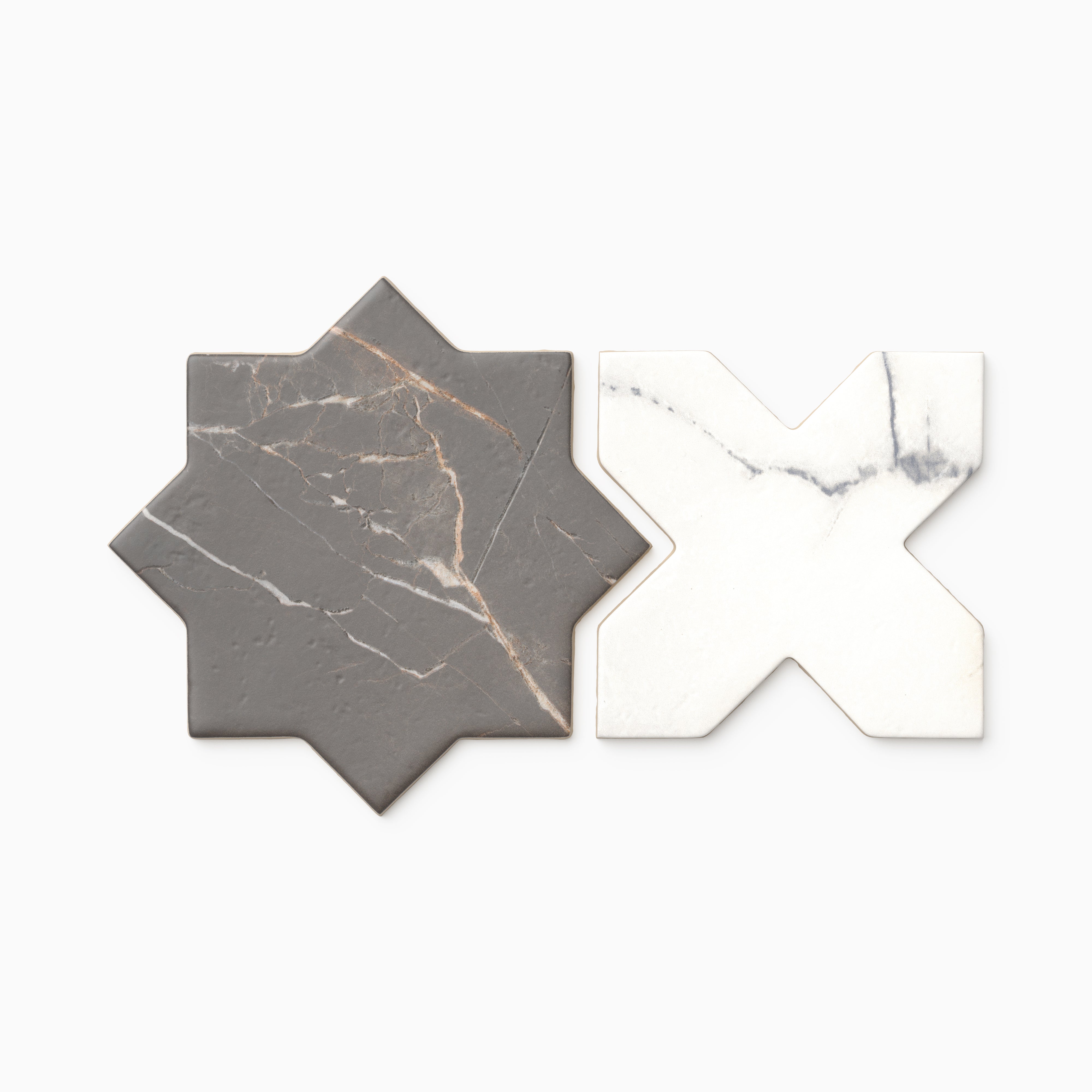Aslan 6x12 Porcelain Tile Star in Imperial and Cross in Calacatta