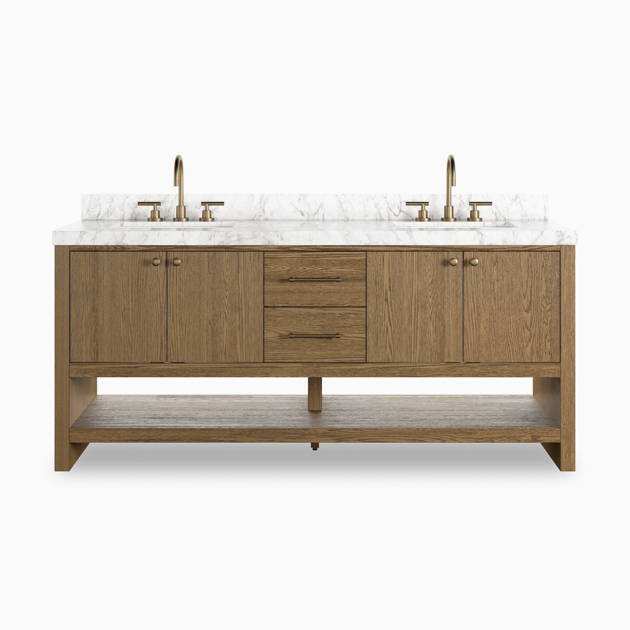 Maxine 72” freestanding double vanity in washed natural veneer with white marble top and dual brass widespread faucets.