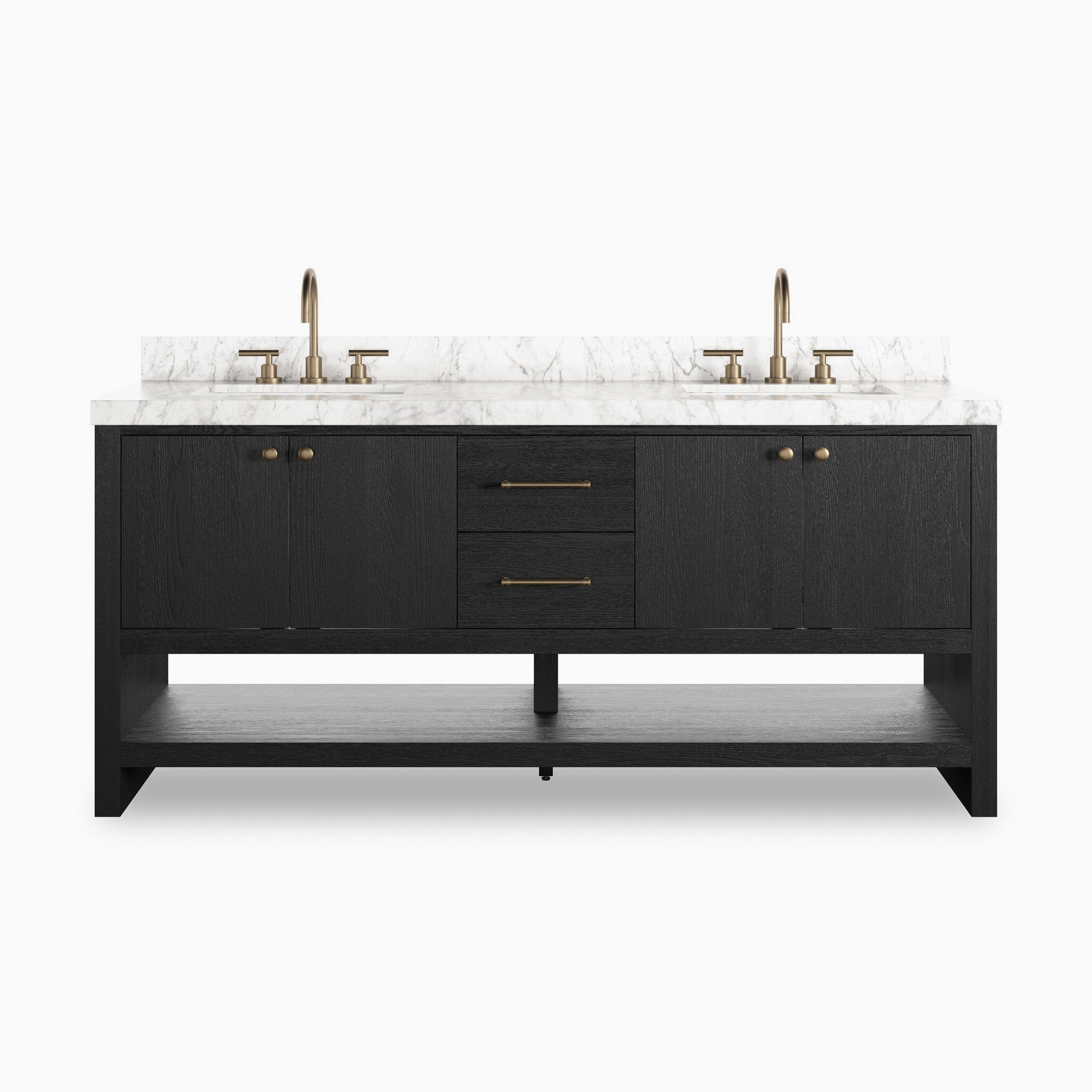 Maxine 72" double vanity in black wash oak veneer with marble countertop and brushed brass hardware.