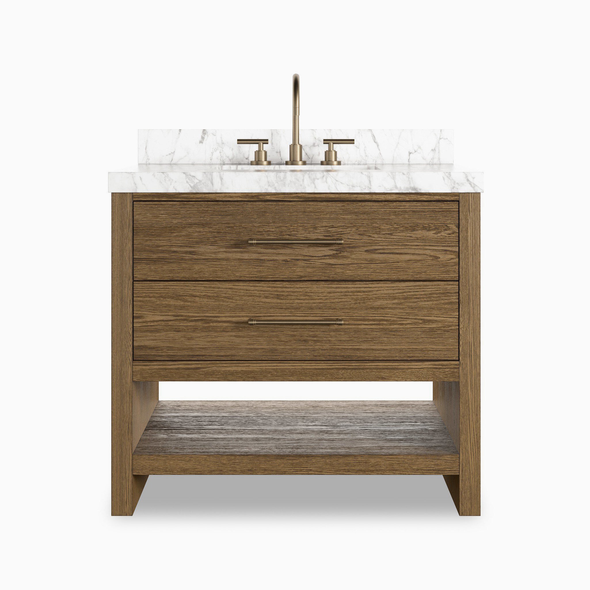 Maxine 36” freestanding single vanity in washed natural veneer with sleek drawers and Carrara marble top.