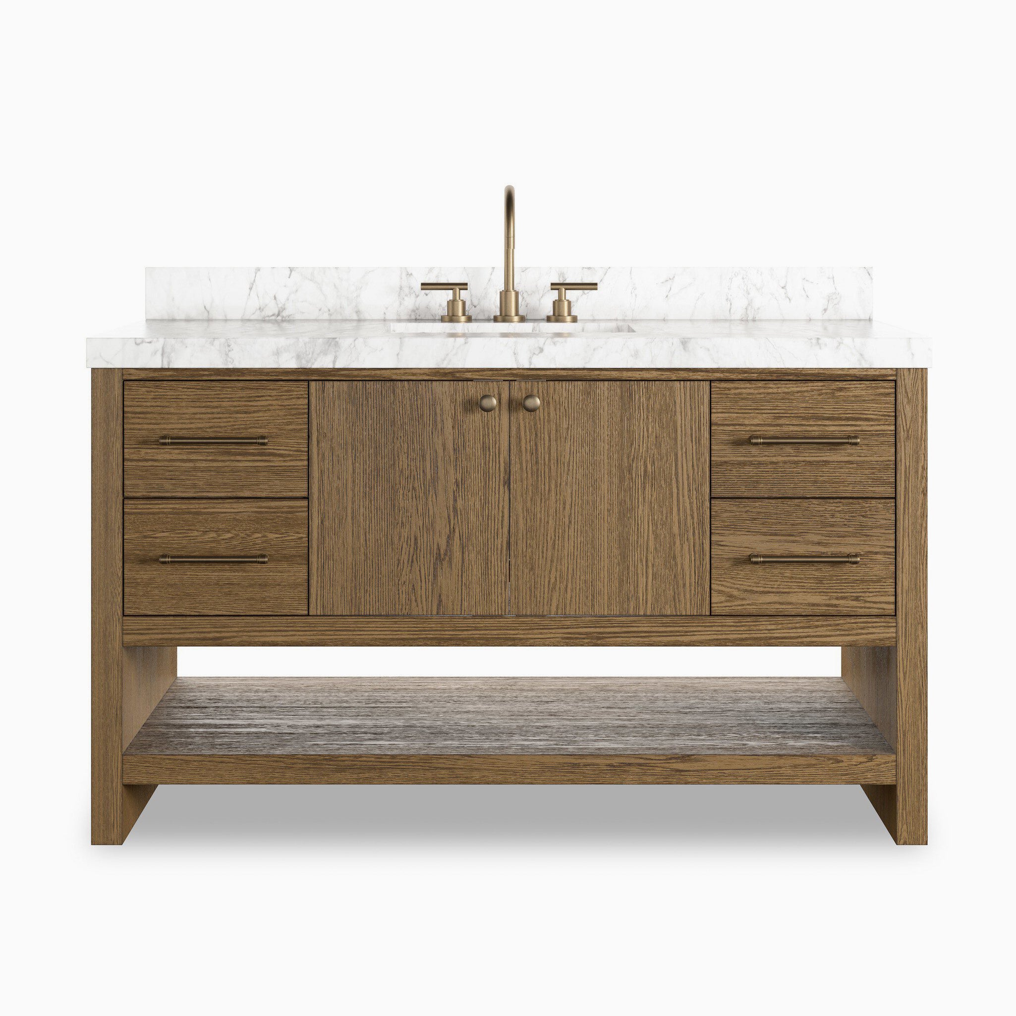 Maxine 55” single wide vanity in washed natural veneer with dual cabinets, four drawers, and a white marble top.