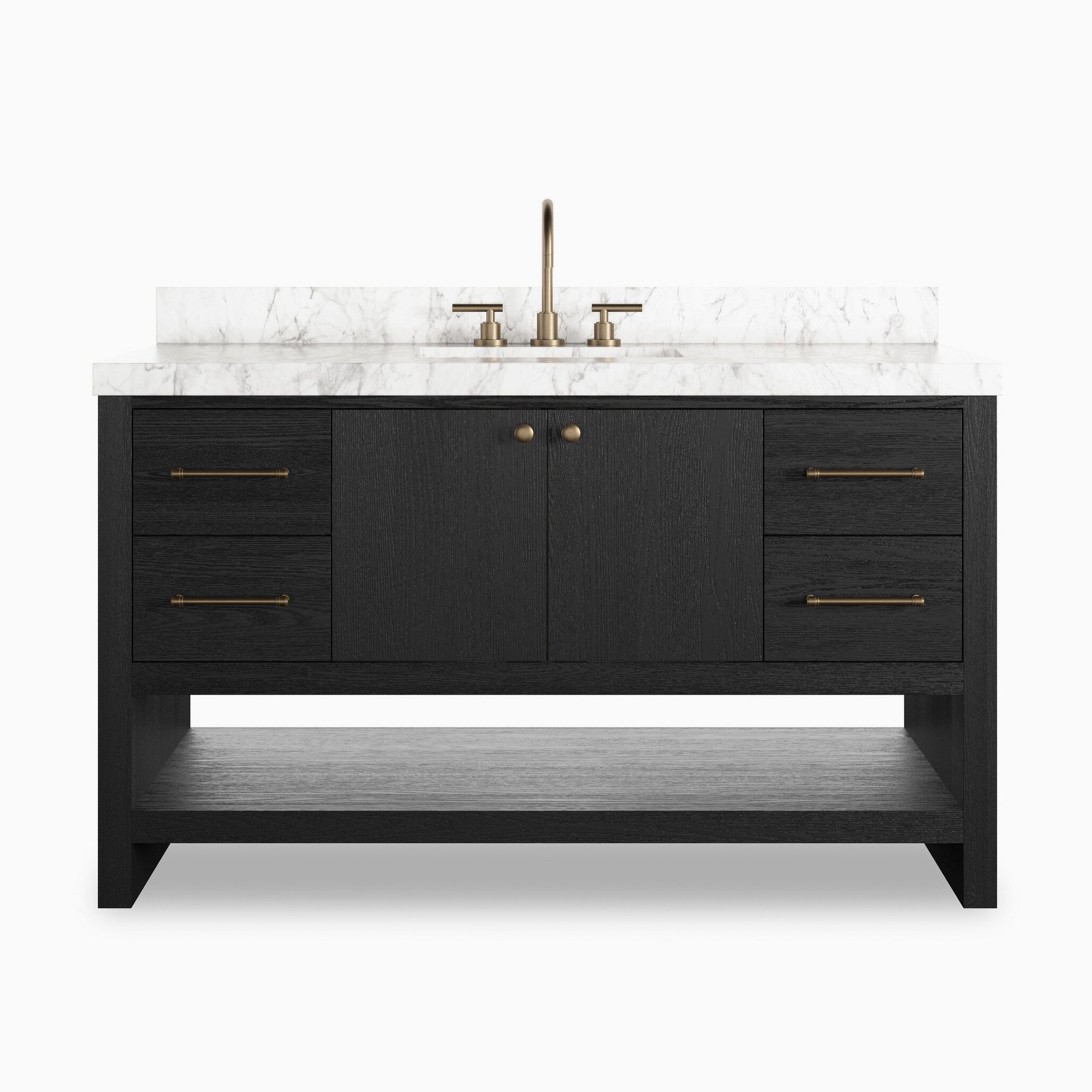 Maxine 55” single wide vanity in black wash oak veneer with brass hardware and white marble countertop.