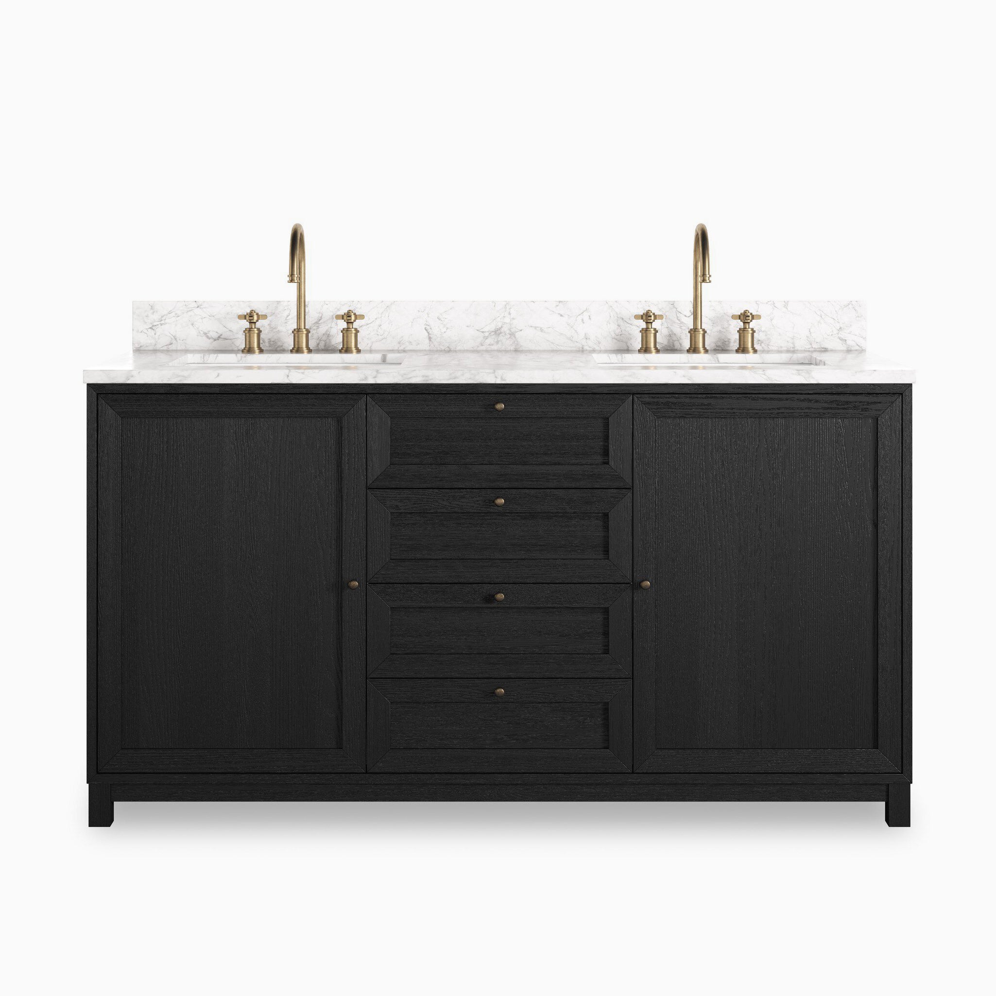 Satin drifted black 72" double-sink vanity with brass fixtures and white marble top, featuring central drawers and side cabinets.