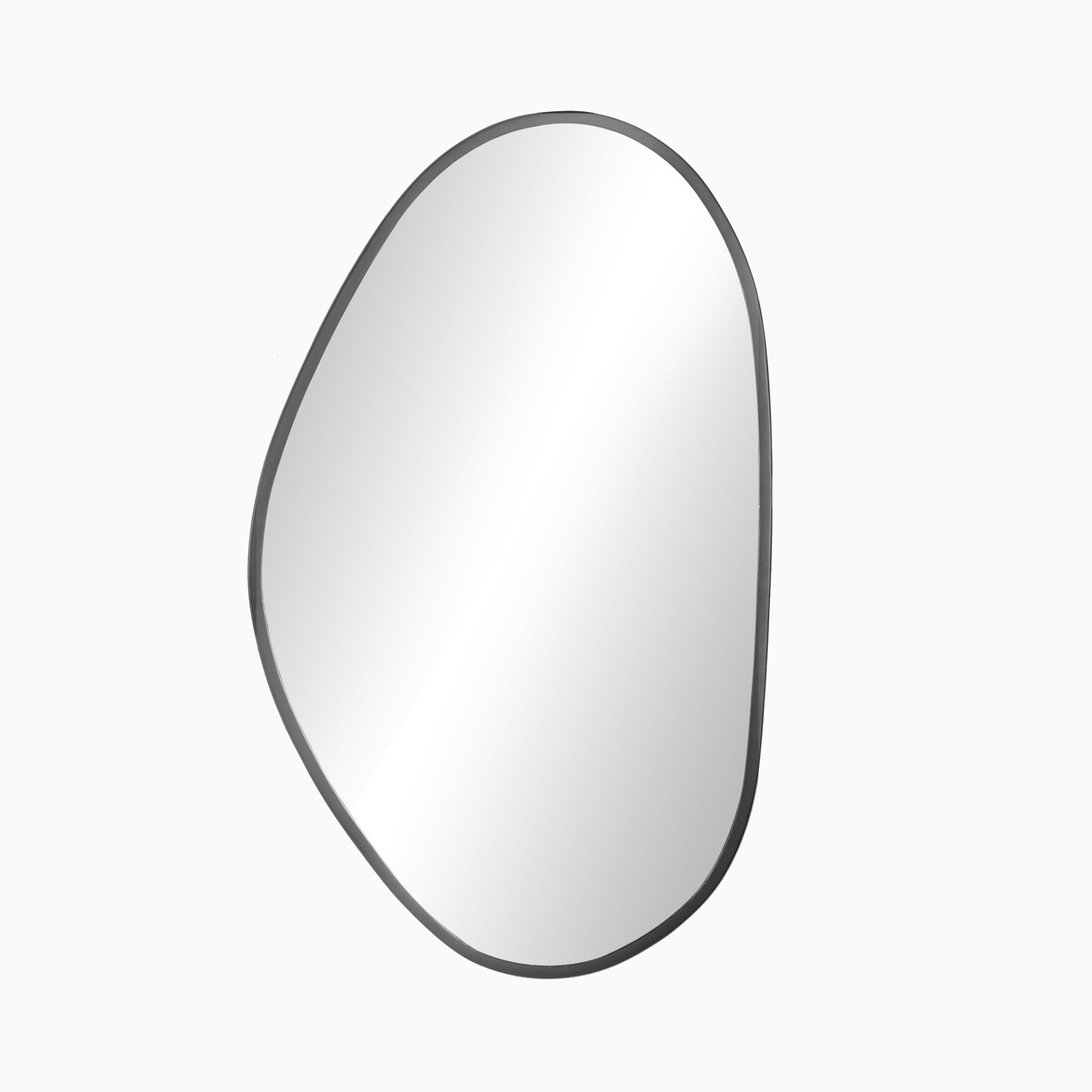 Asymmetrical mirror with a matte black iron frame, blending midcentury style and soft curves for modern, compact spaces.