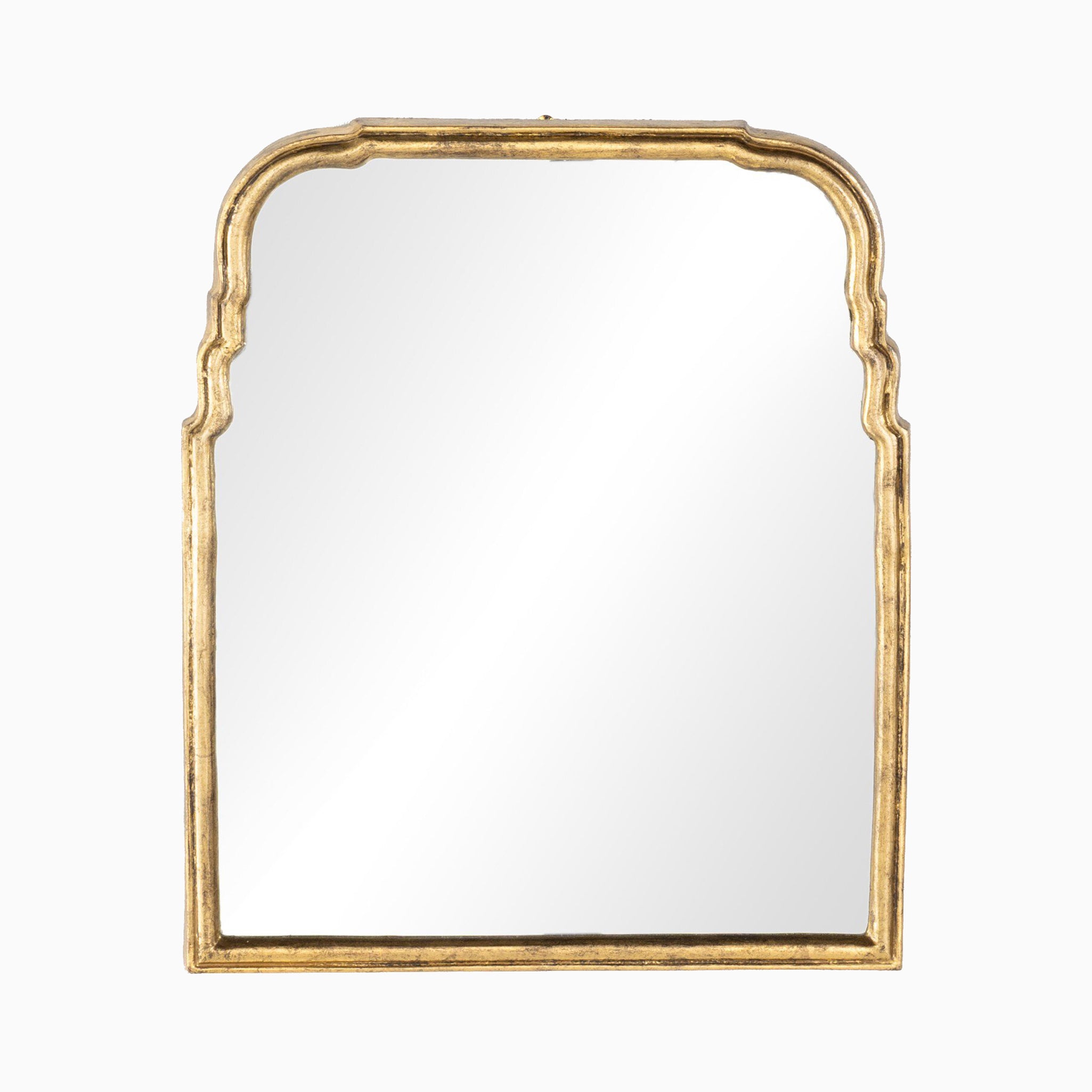 Arched mirror with stepped edges in antiqued gold leaf aluminum, installation-ready with bracket and matching hardware.