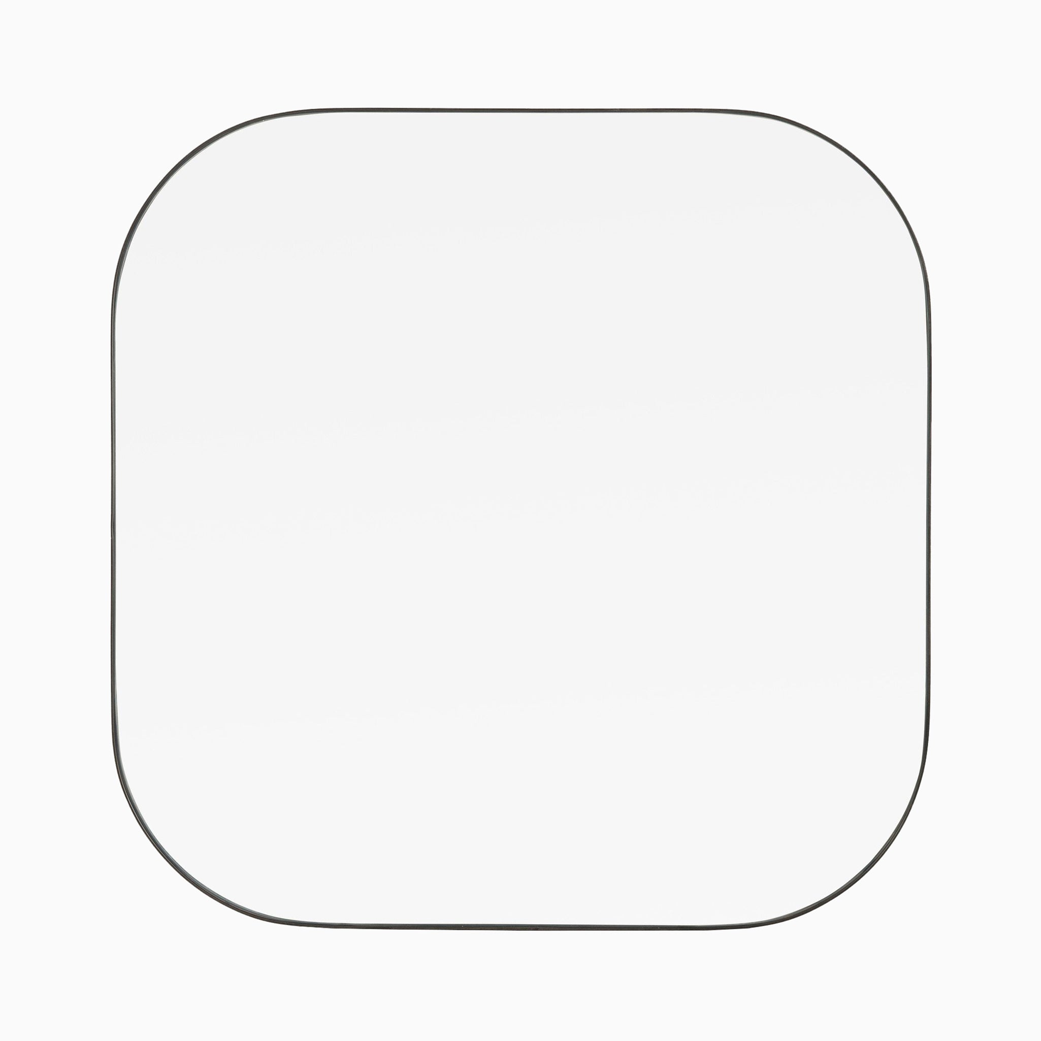 Soft-cornered square mirror with a slender rustic black frame, perfect for modern interiors.