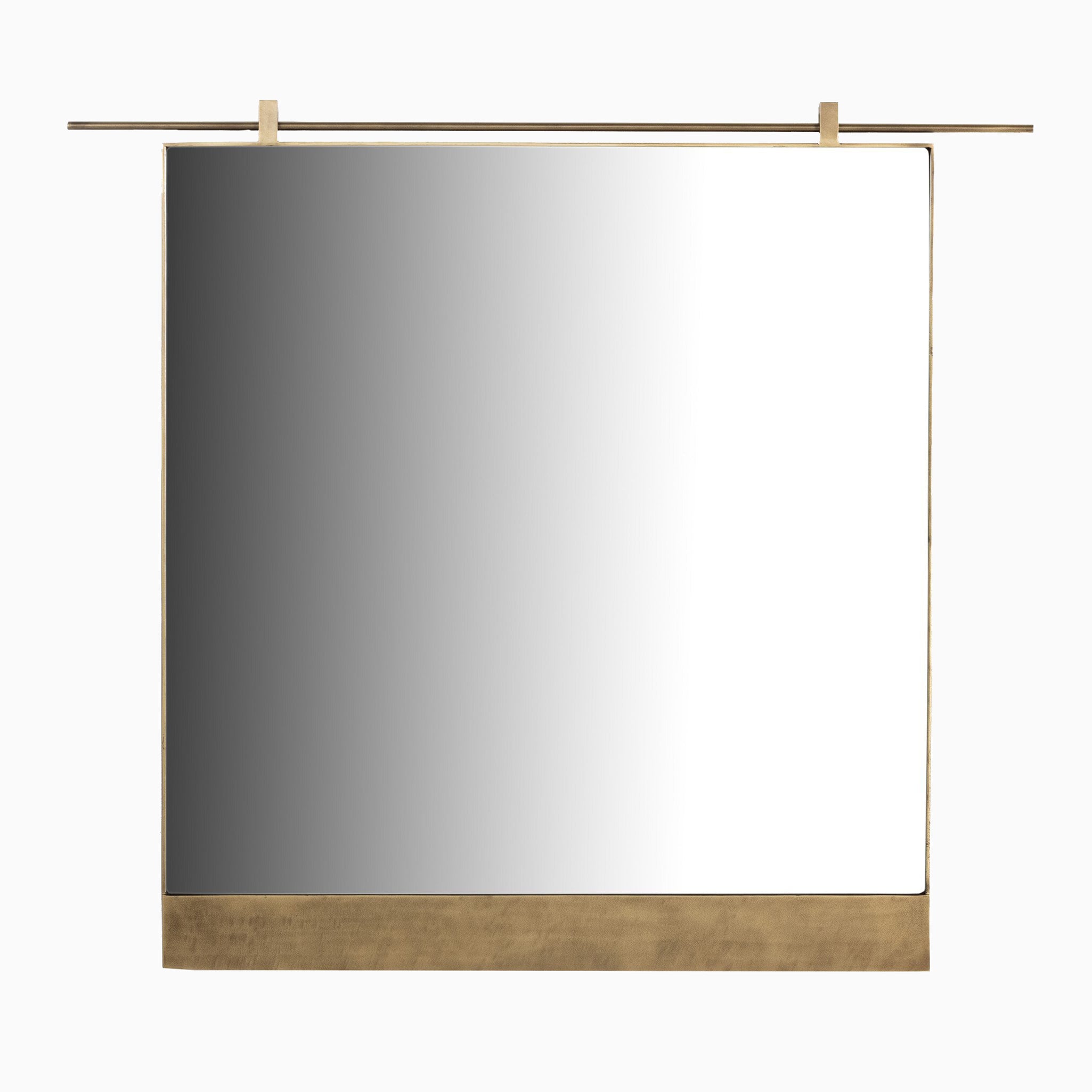 Our Clancy Mirror in Antique Brass offers a refined industrial look with its square shape and linear mounting bar, perfect for modern farmhouse or urban settings.