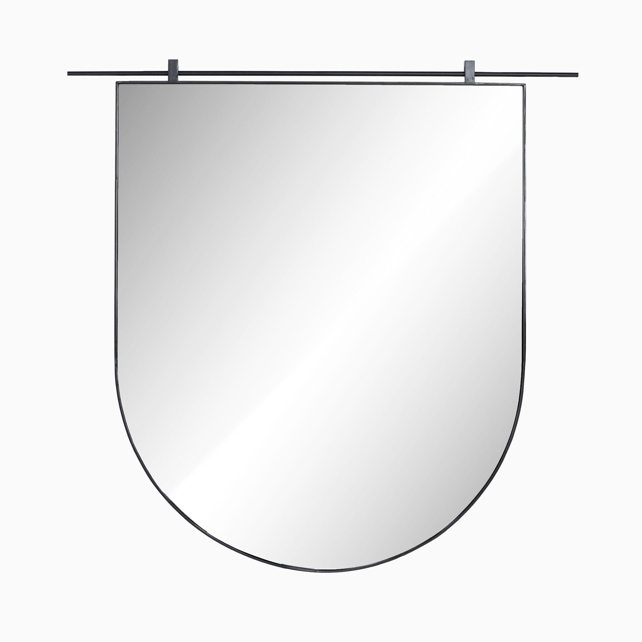 Minimalist capsule-shaped mirror with a slim black metal frame and top rail accent for modern wall mounting