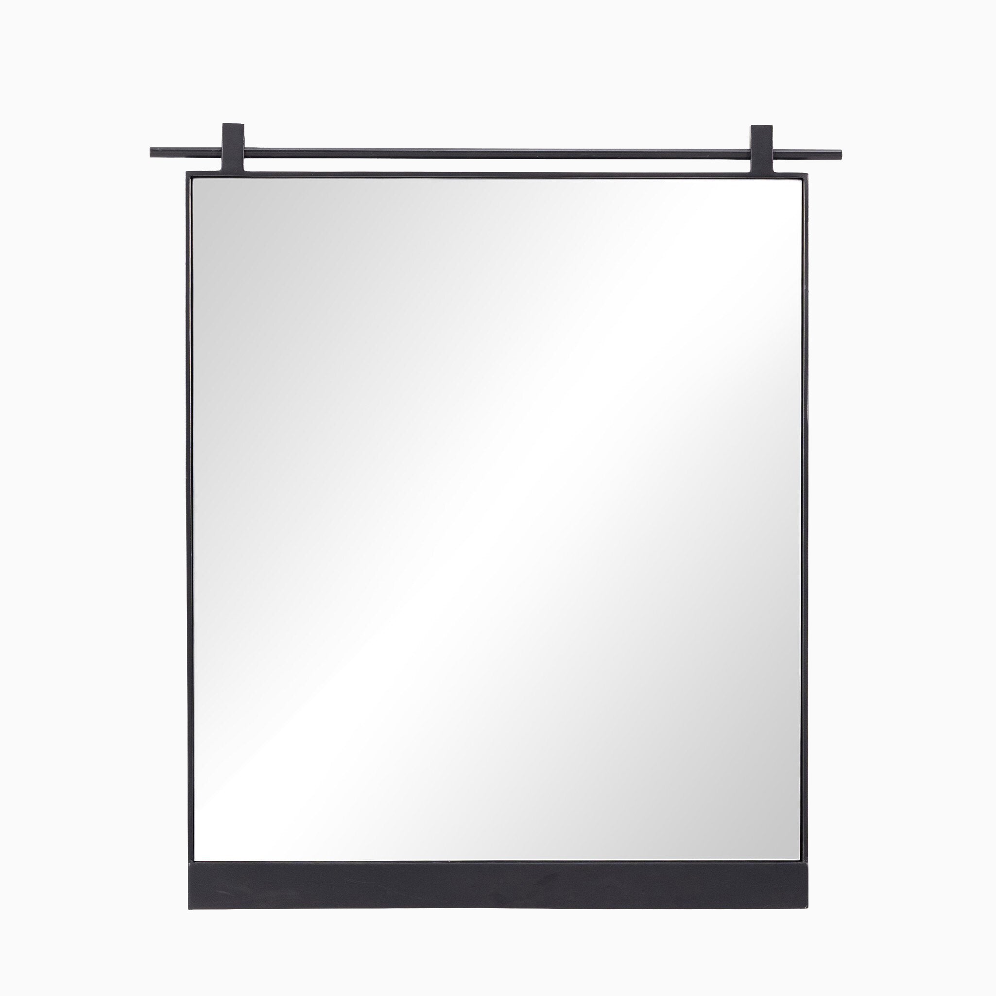 Rectangular mirror with slim matte black frame and top rail detail, offering a clean, modern aesthetic for any space