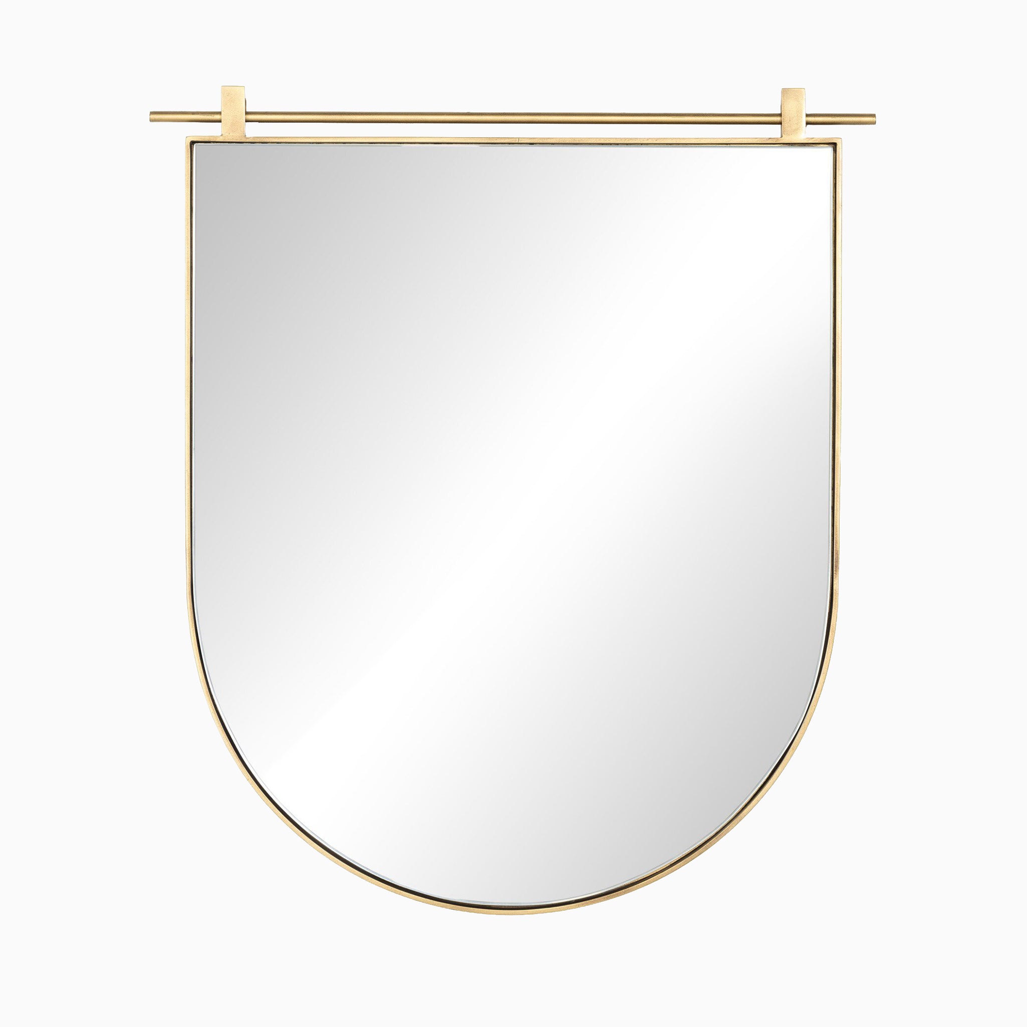 Arch mirror with a slim brass frame and decorative top rail, adding a refined, modern touch to wall décor