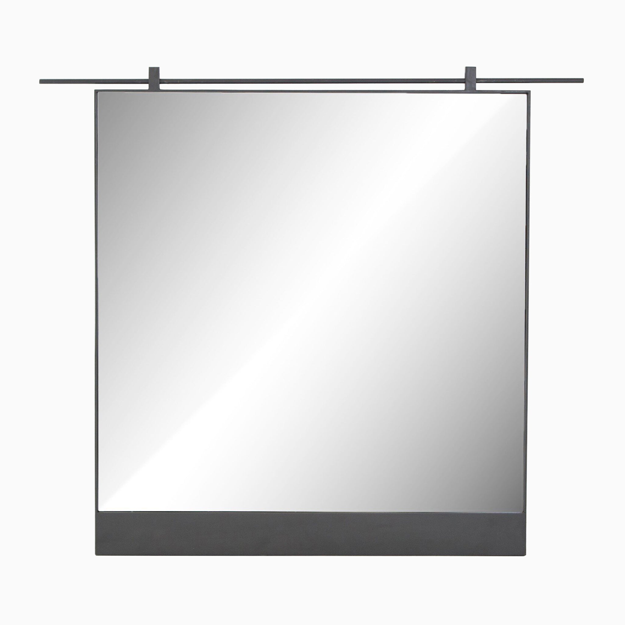 Square wall mirror with a slim black iron frame and horizontal top bar, designed for wide spaces and modern, minimalist interiors.