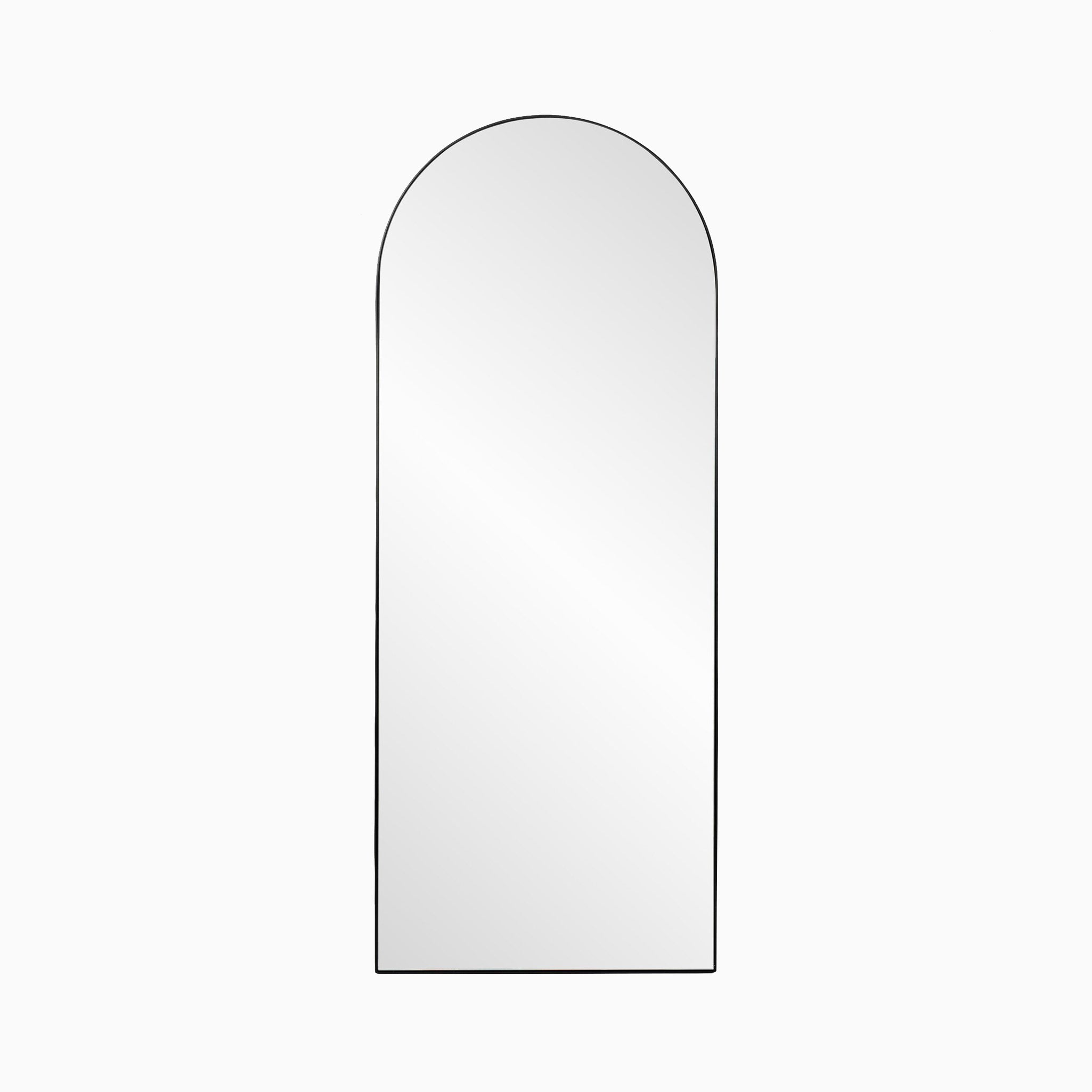 Arched floor mirror with a slim matte black iron frame, offering full-length reflection for modern or classic interior spaces.