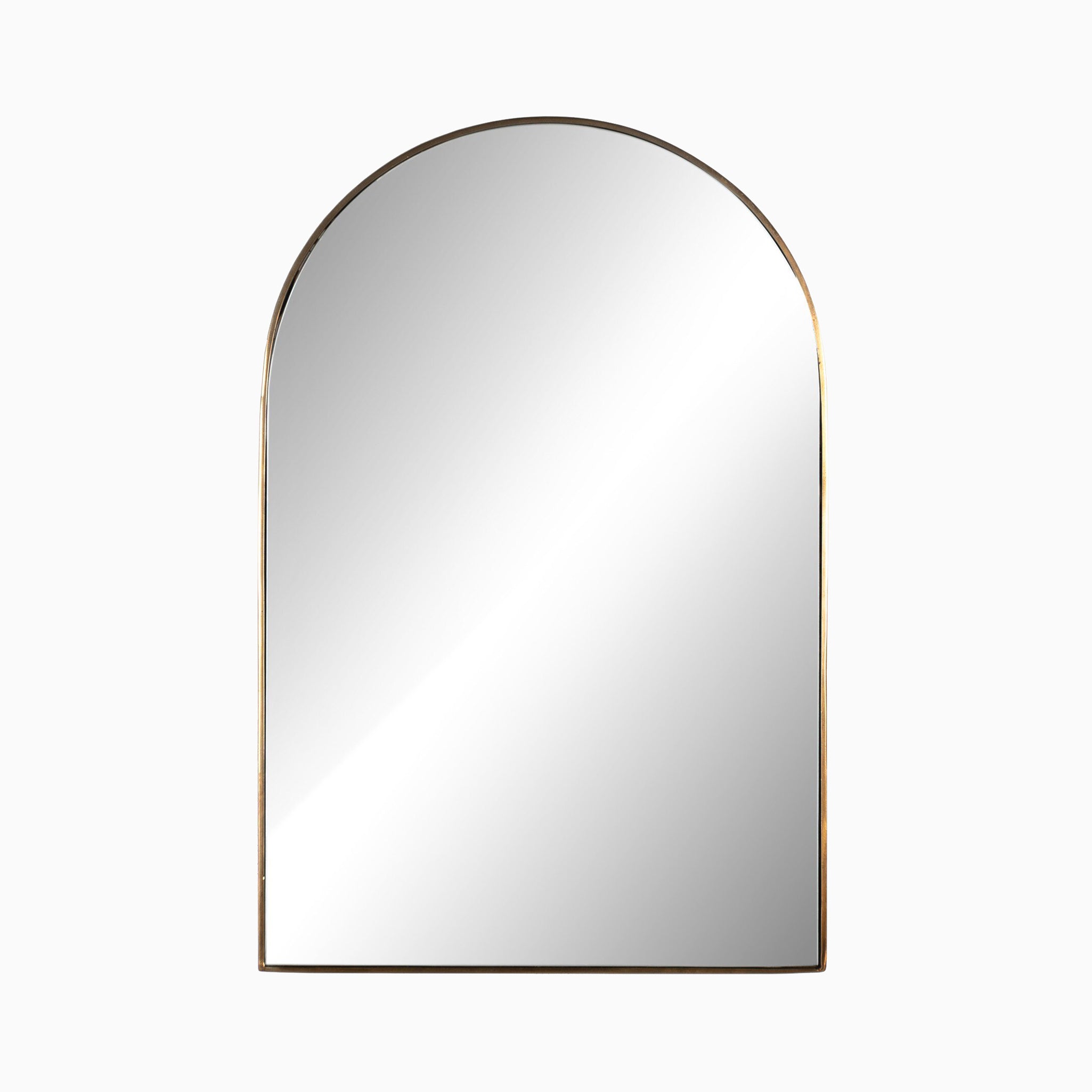 Small arched wall mirror with a slim polished brass aluminum frame, ideal for both modern and traditional interior spaces.
