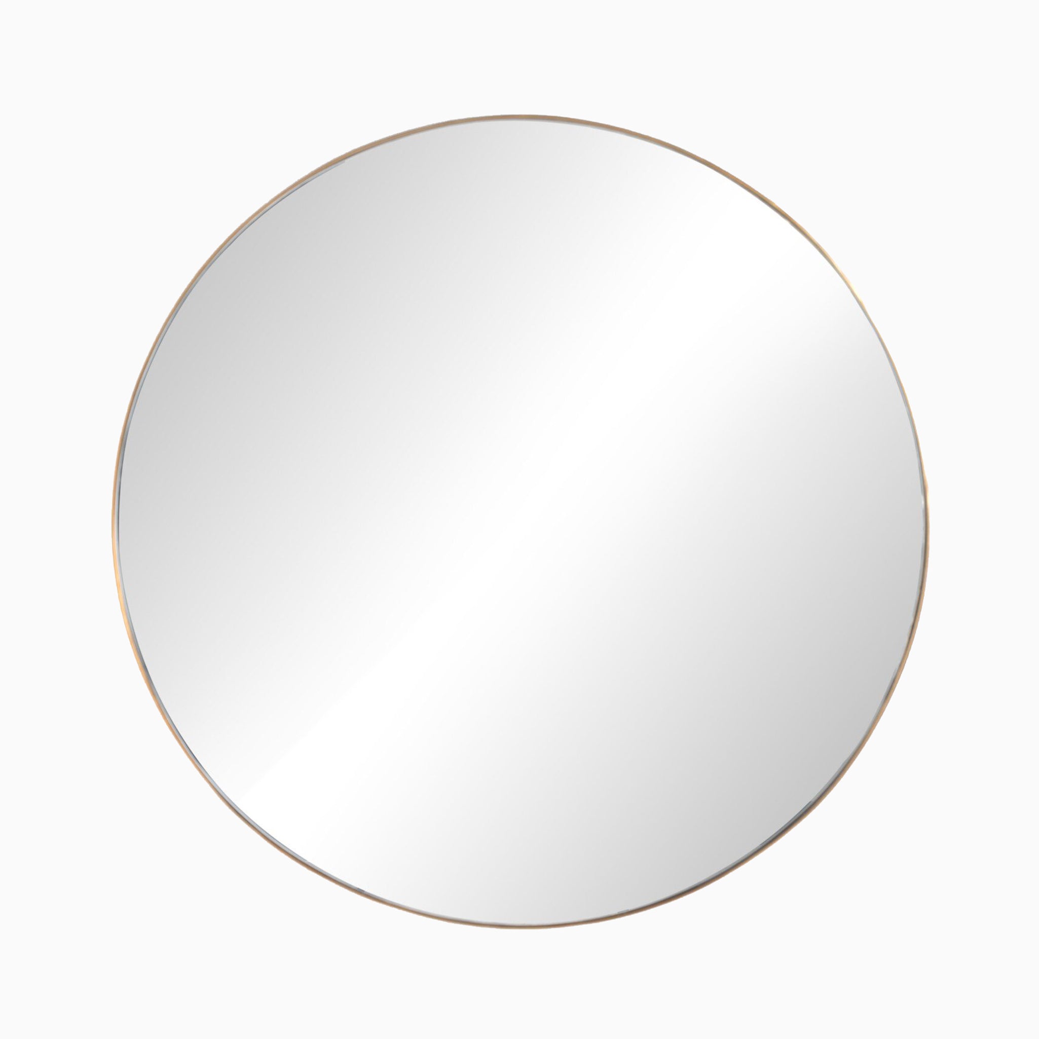 Round mirror with a polished brass frame made from aluminum, radiating understated elegance ideal for both classic and contemporary interiors.