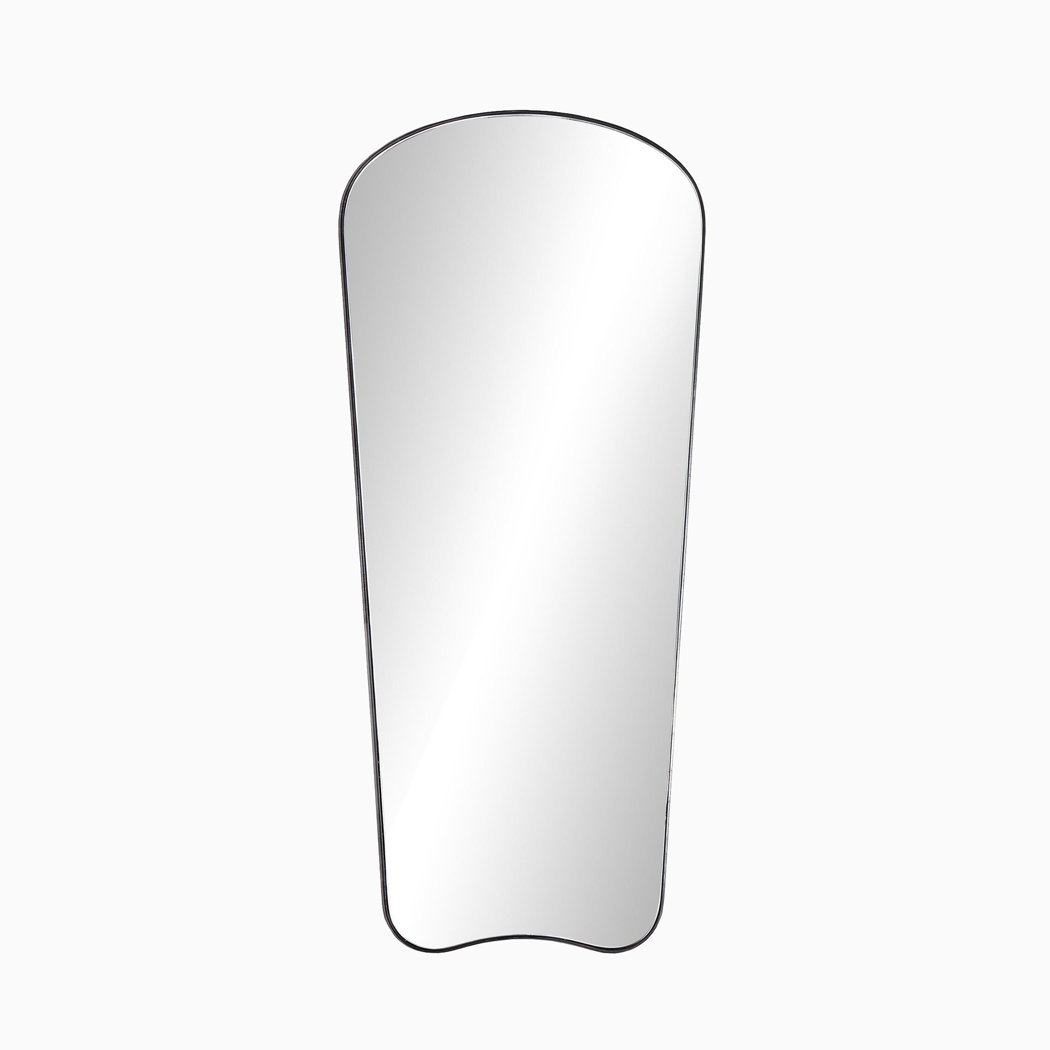 Elongated flared mirror with a matte black frame made of aluminum, offering a striking organic profile ideal for modern dressing spaces or hallways