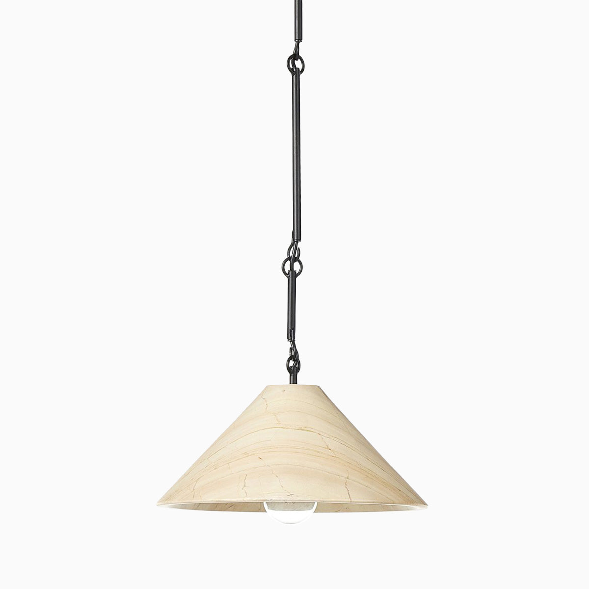 Pendant light with a conical ecru marble shade and black metal chain, showcasing a minimalist design with a visible bulb below.