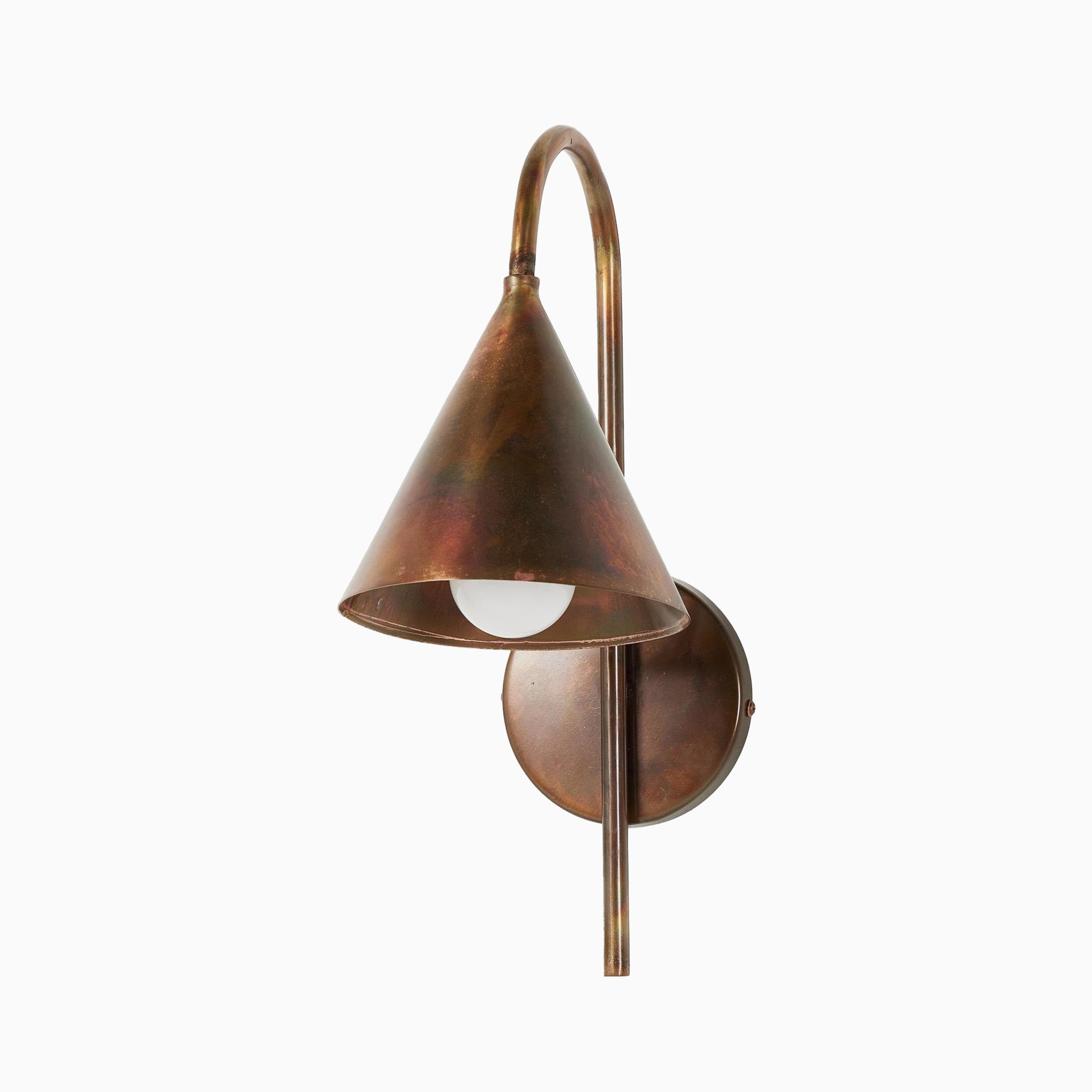 Wall sconce with an iridescent acid wash finish, featuring a conical shade, curved arm, and round backplate in a rustic style.