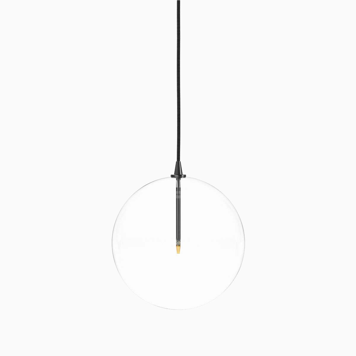 Large modern pendant light with a clear glass globe, suspended by a black cord and featuring a slim black gunmetal vertical socket.