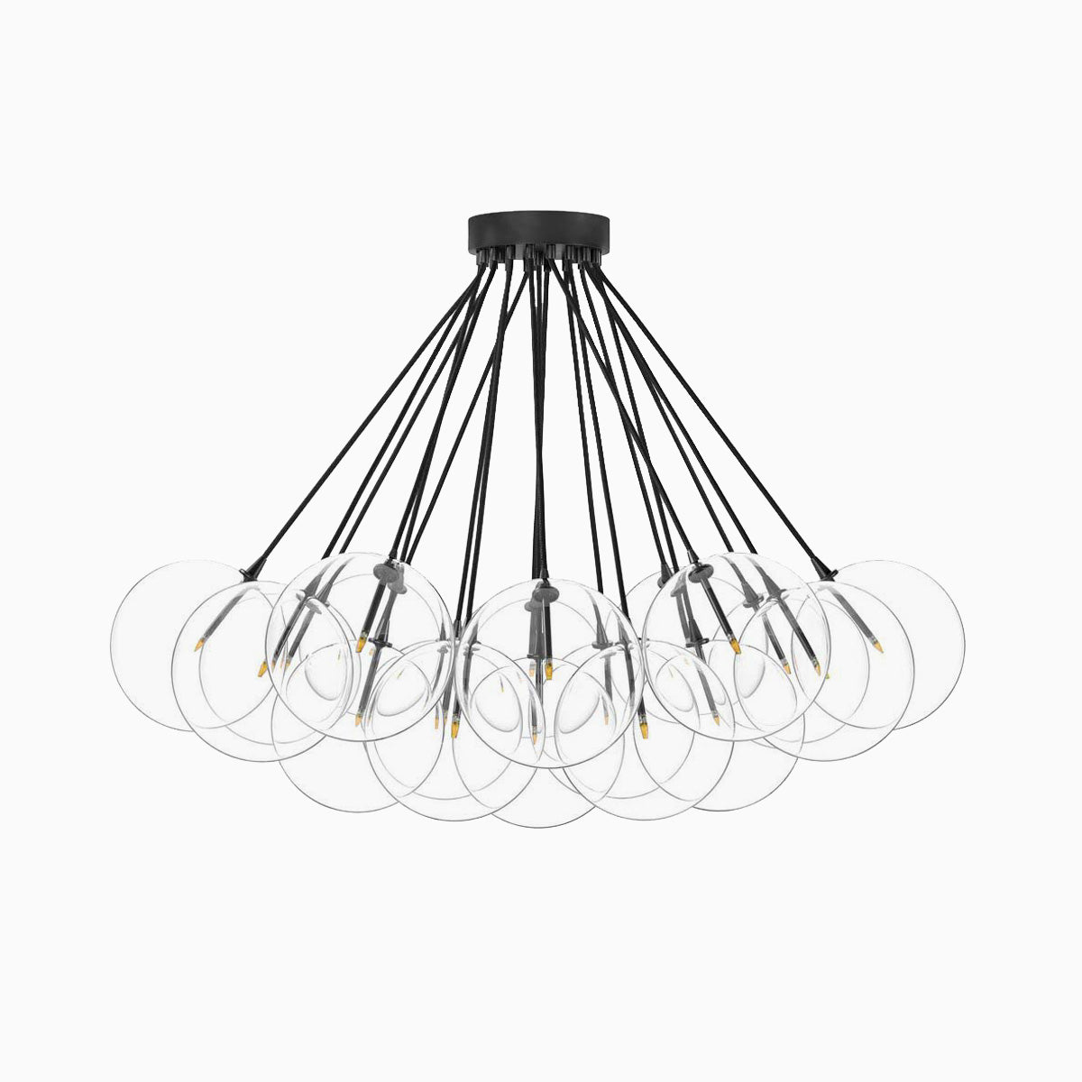 Striking gunmetal chandelier with clear glass globes suspended by sleek black cables in a radial design.