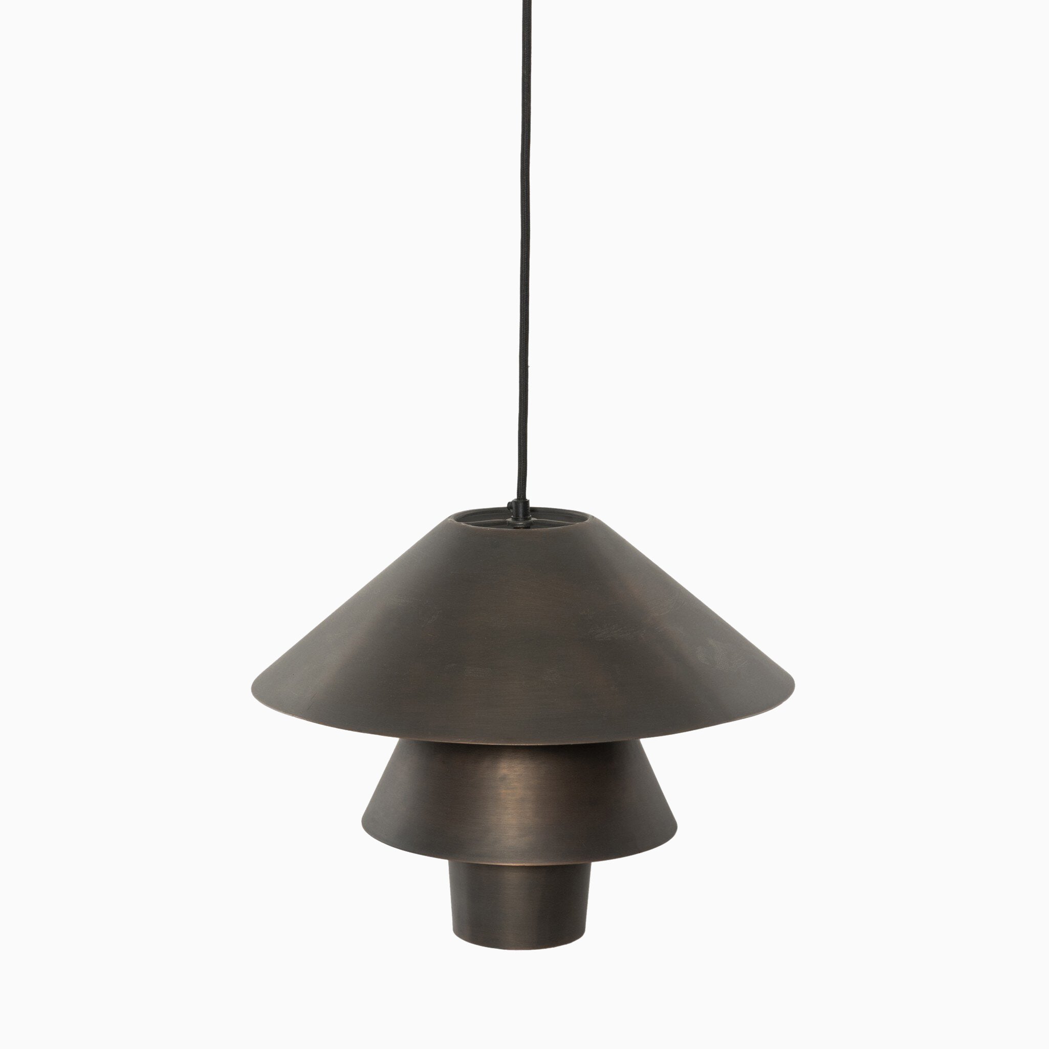 Sculptural dusty iron pendant with layered, conical shades creating a bold, industrial silhouette.