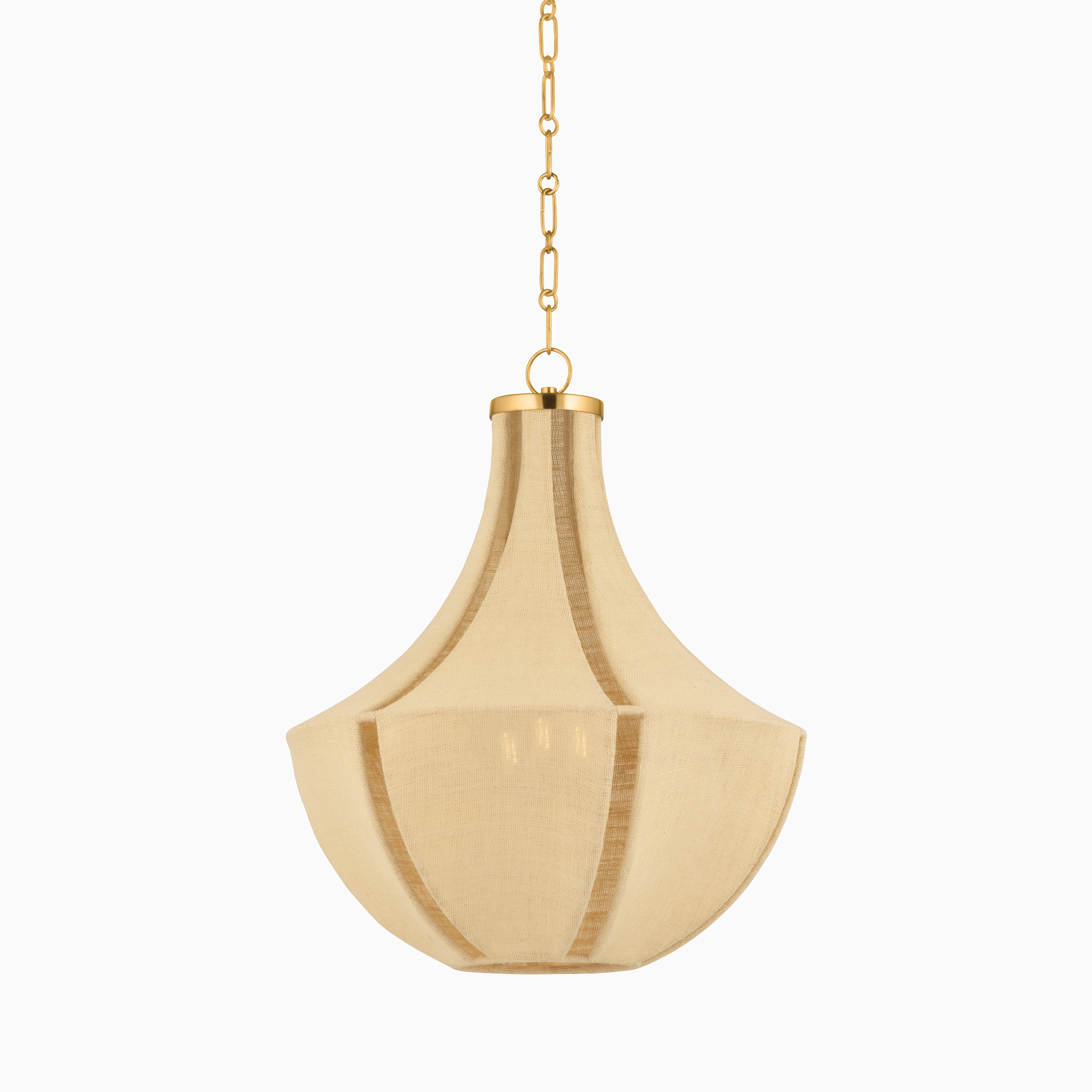 Aida pendant in aged brass with a sculptural jute shade, blending soft curves and warm tones for a refined ambient statement
