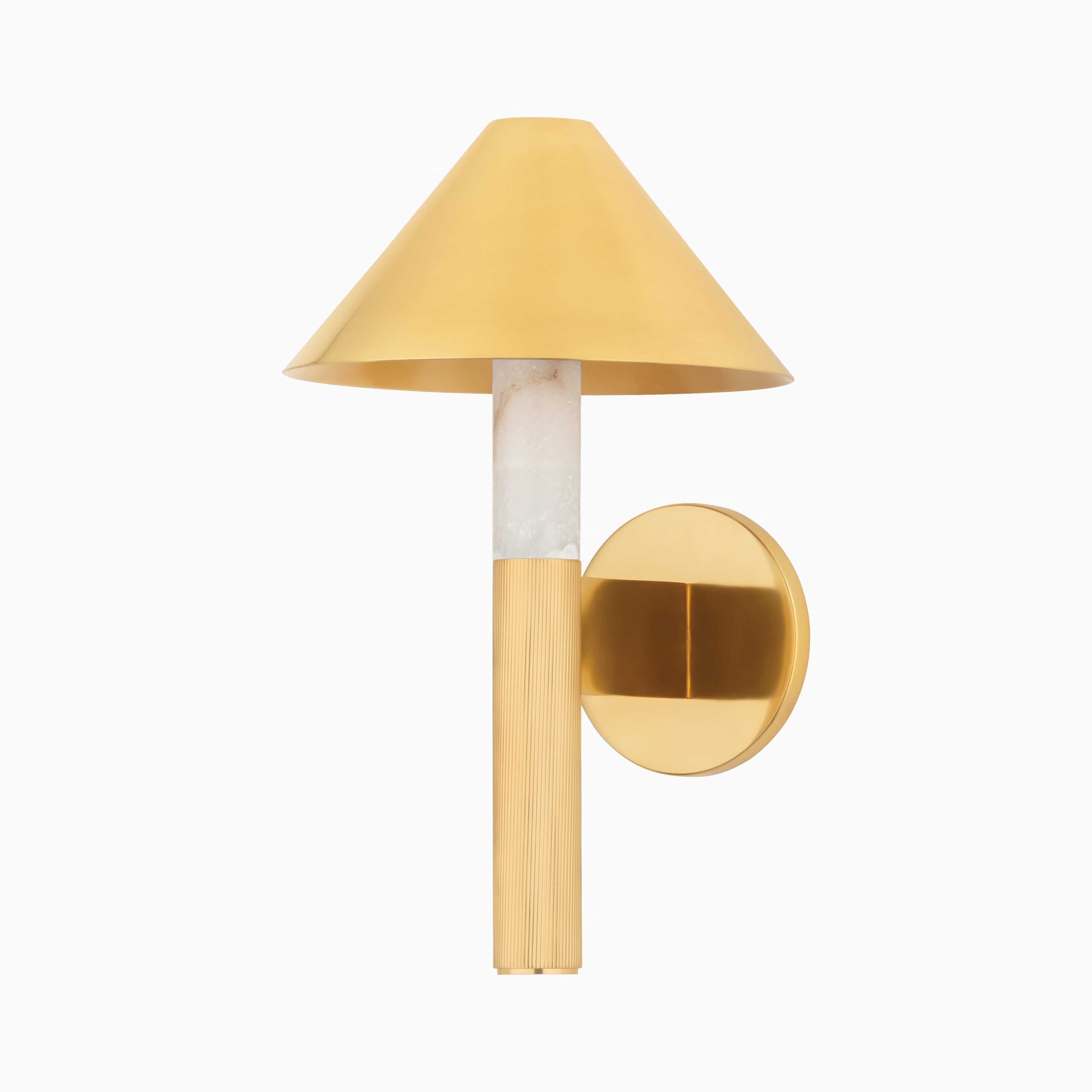 Anisa wall sconce in vintage brass with a conical shade and alabaster detail, merging sculptural design with warm luxe appeal.
