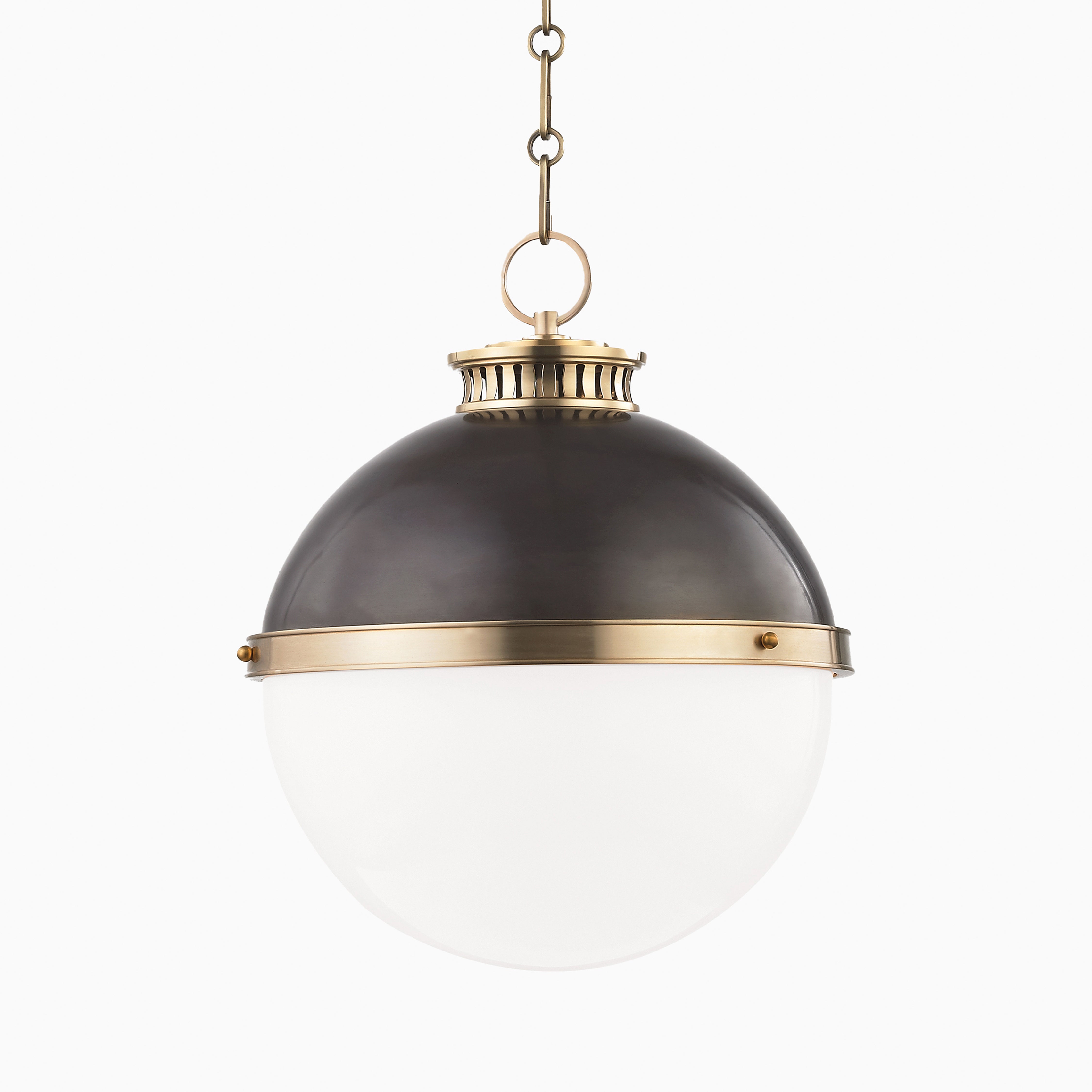 14 inches pendant light with dark bronze dome, aged brass band, and semi-opaque glass globe with vintage-style vented collar.