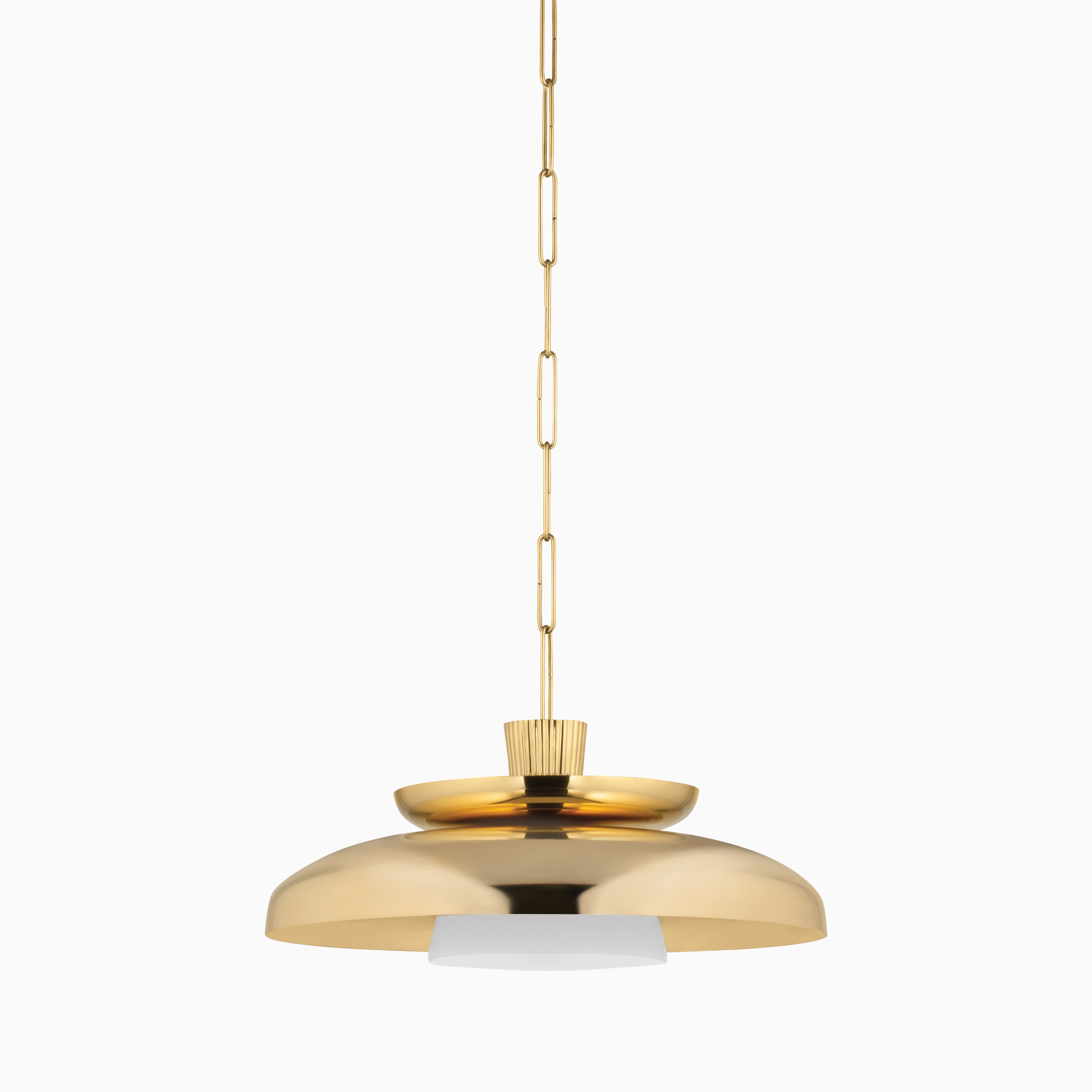 Sculptural vintage brass pendant with flared dome shade and opal diffuser, suspended by chain link.