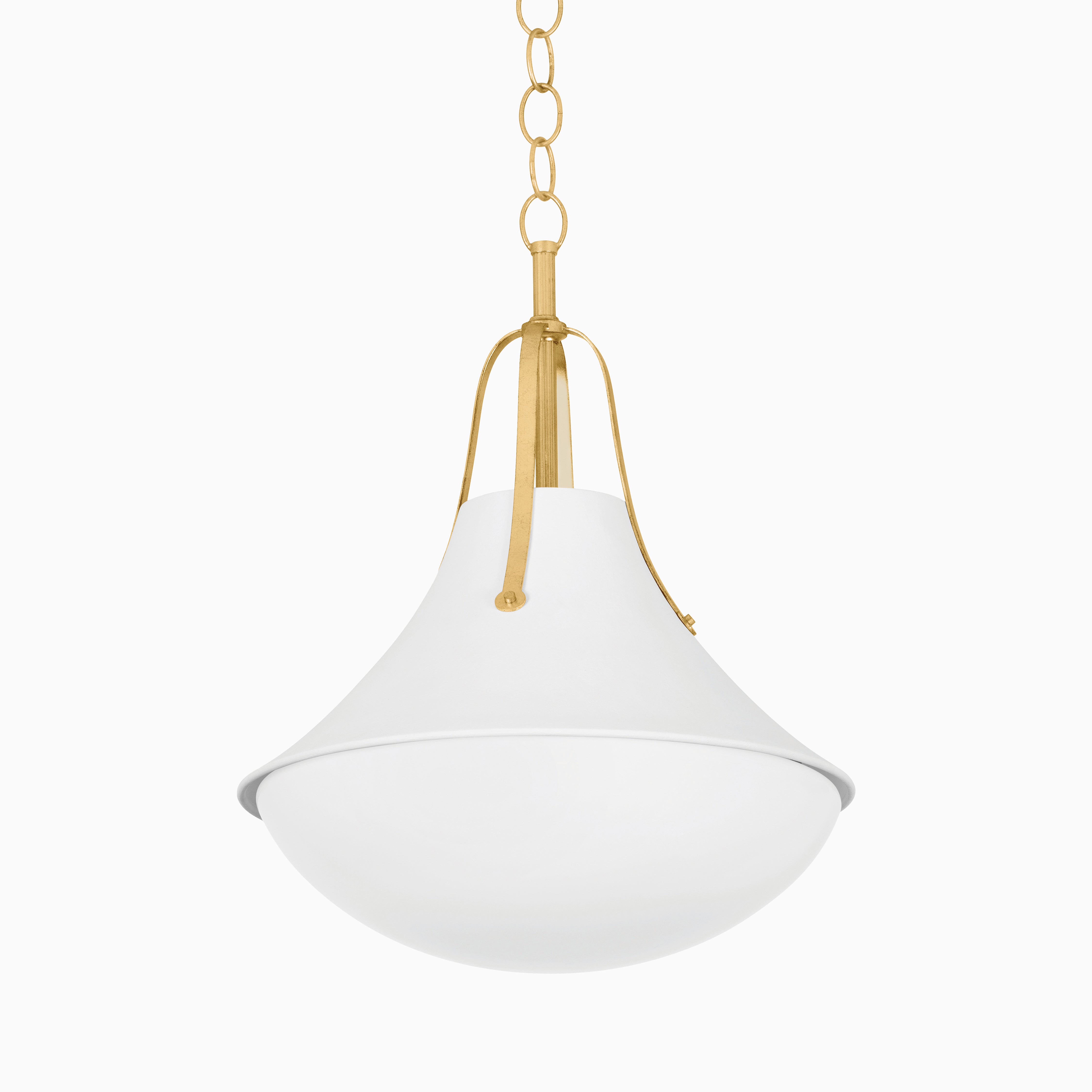Elegant pendant light with white flared plaster shade and opal glass dome, suspended by vintage gold leaf accents and chain.
