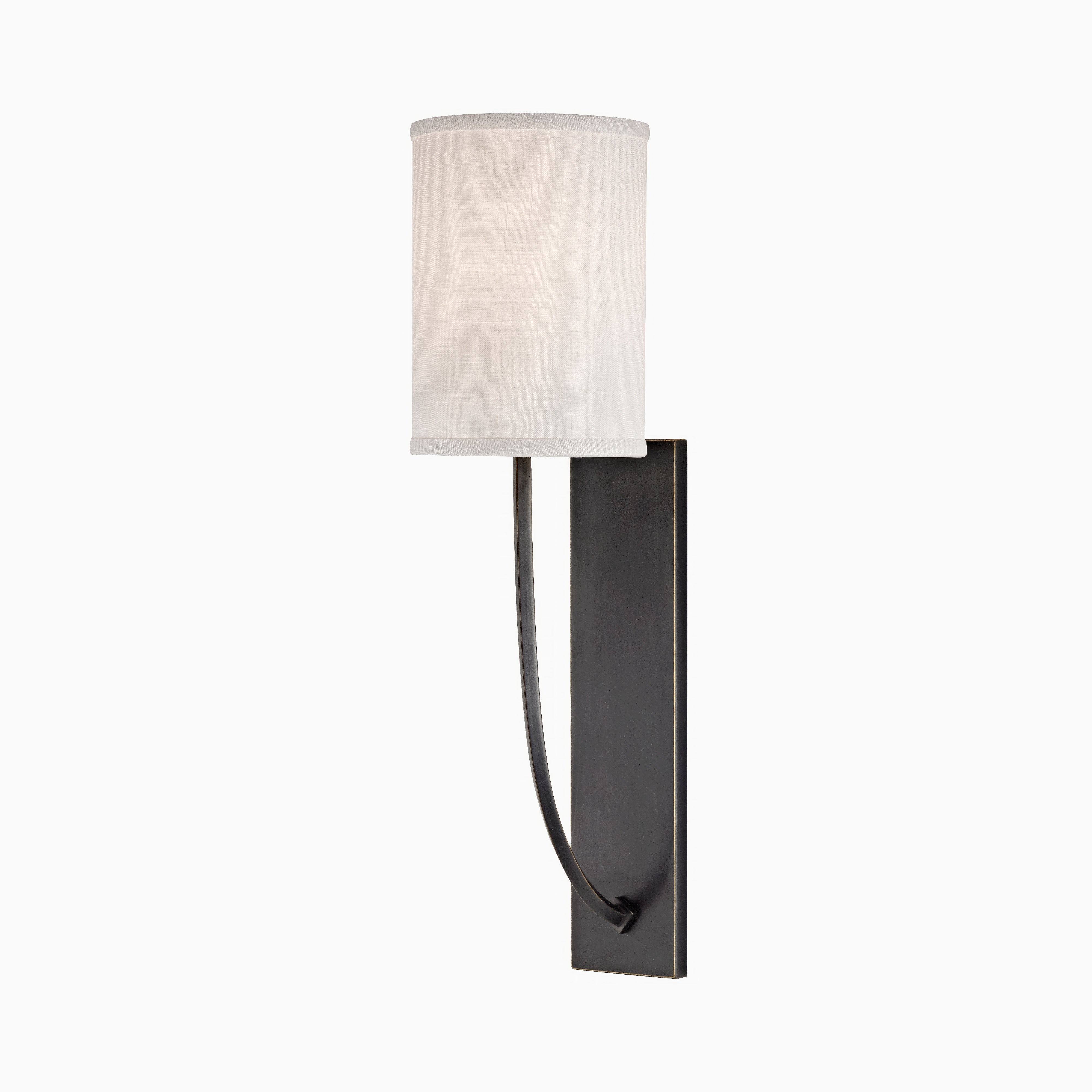 Wall sconce with a white linen shade and curved arm on a rectangular old bronze backplate, blending classic warmth with clean lines.